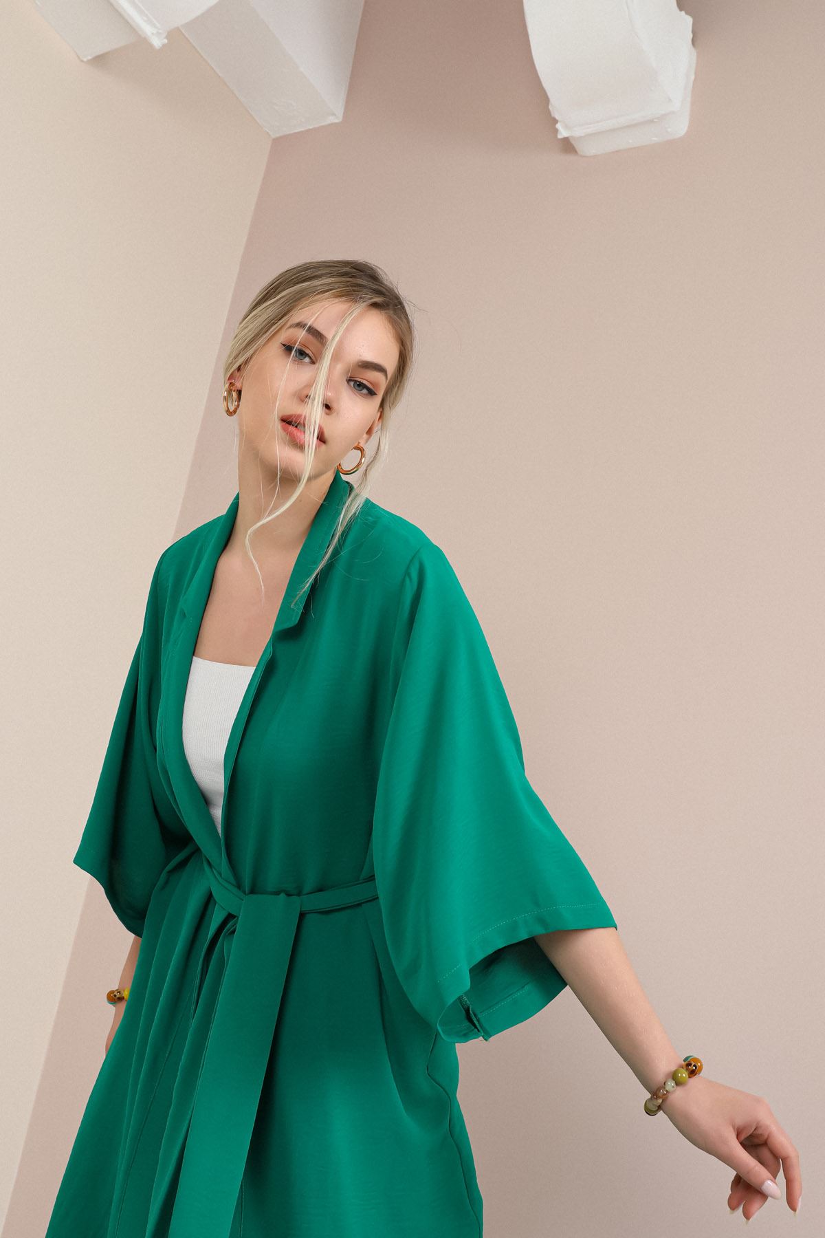 Linen Fabric Long Sleeve Revere Collar Hip Height Comfy Women Jacket-Emerald Green