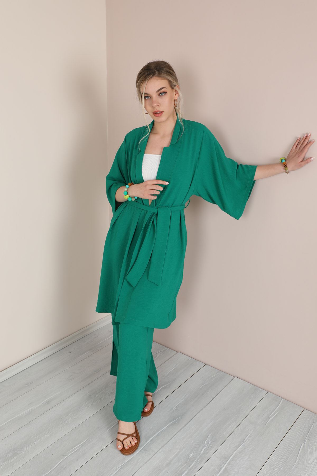 Linen Fabric Long Sleeve Revere Collar Hip Height Comfy Women Jacket-Emerald Green