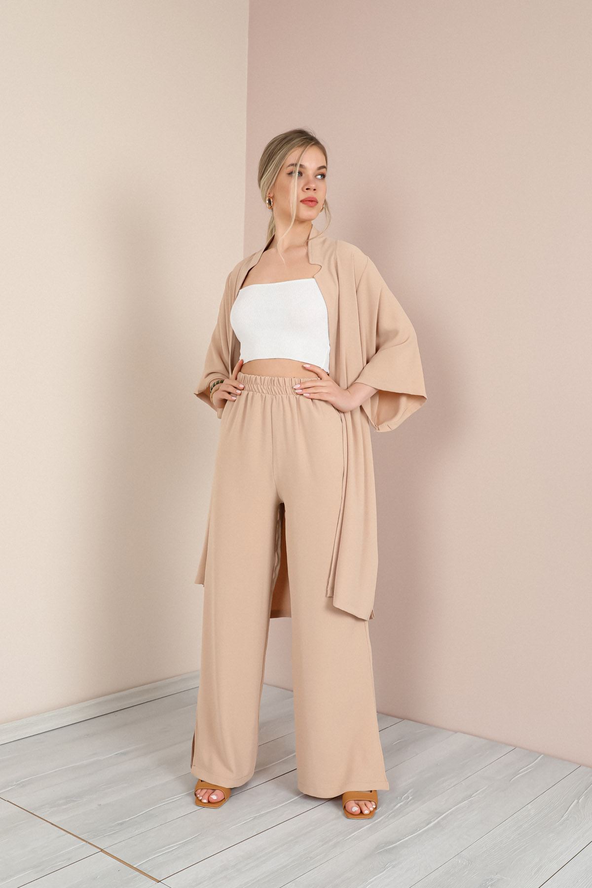 Linen Fabric Long Sleeve Revere Collar Hip Height Comfy Women Jacket-Biscuit