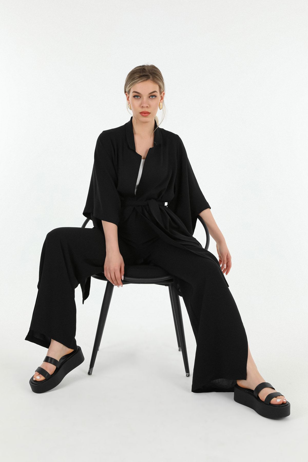 Linen Fabric Long Sleeve Revere Collar Hip Height Comfy Women Jacket - Black