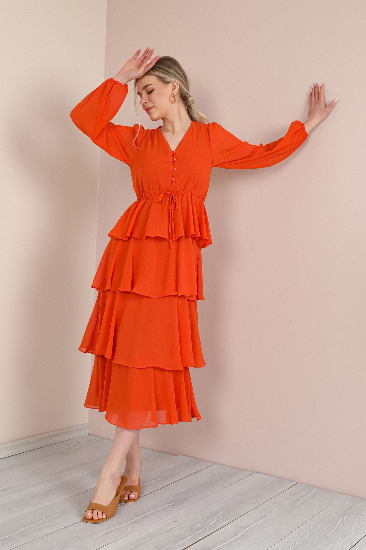 Chiffon Fabric Long Sleeve V Neck Women Dress-Orange