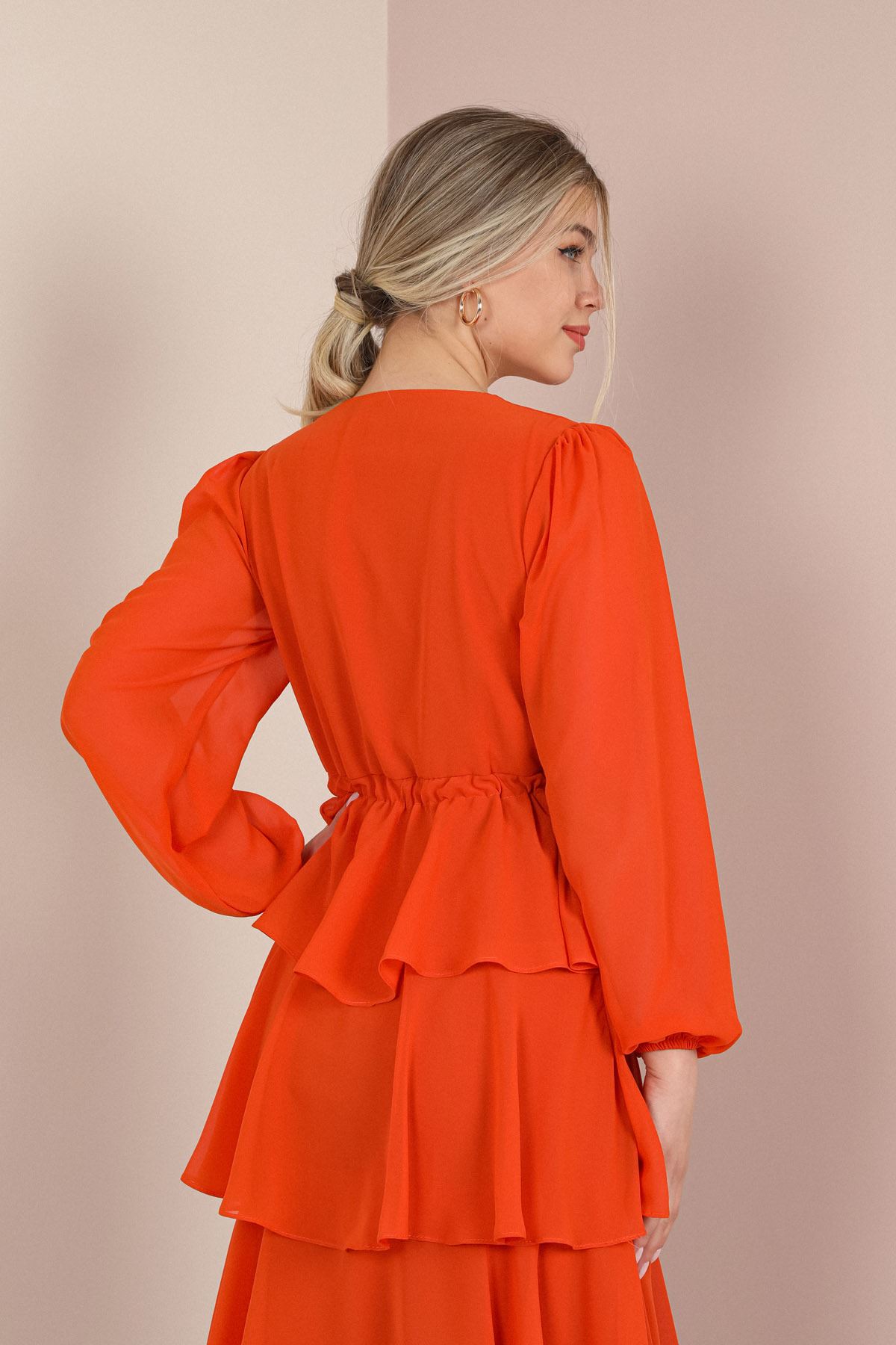 Şifon Kumaş Uzun Kollu V Yaka Katkat Kadın Elbise-Oranj