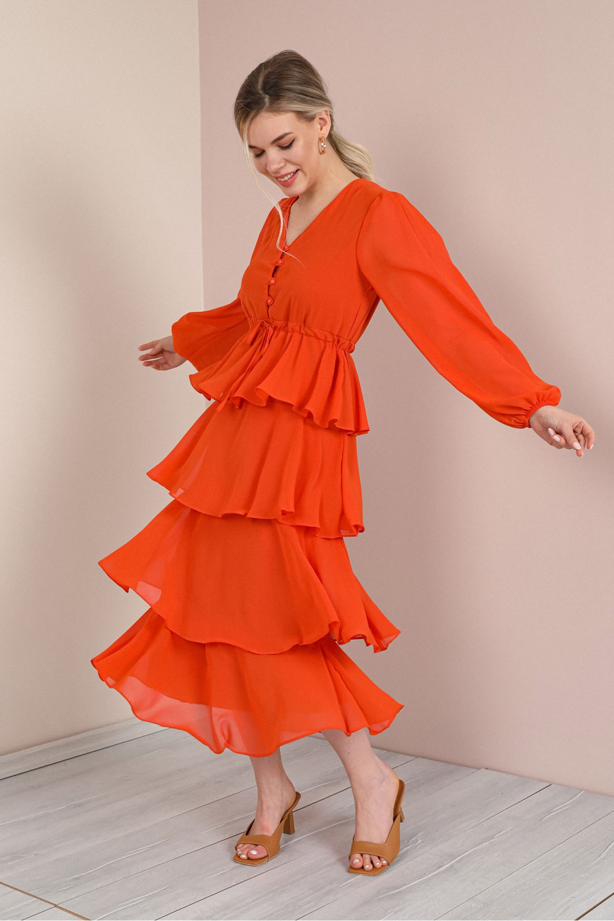  قماش شيفون فستان شيفون بأكمام طويلة ياقة على شكل حرف V-برتقالي