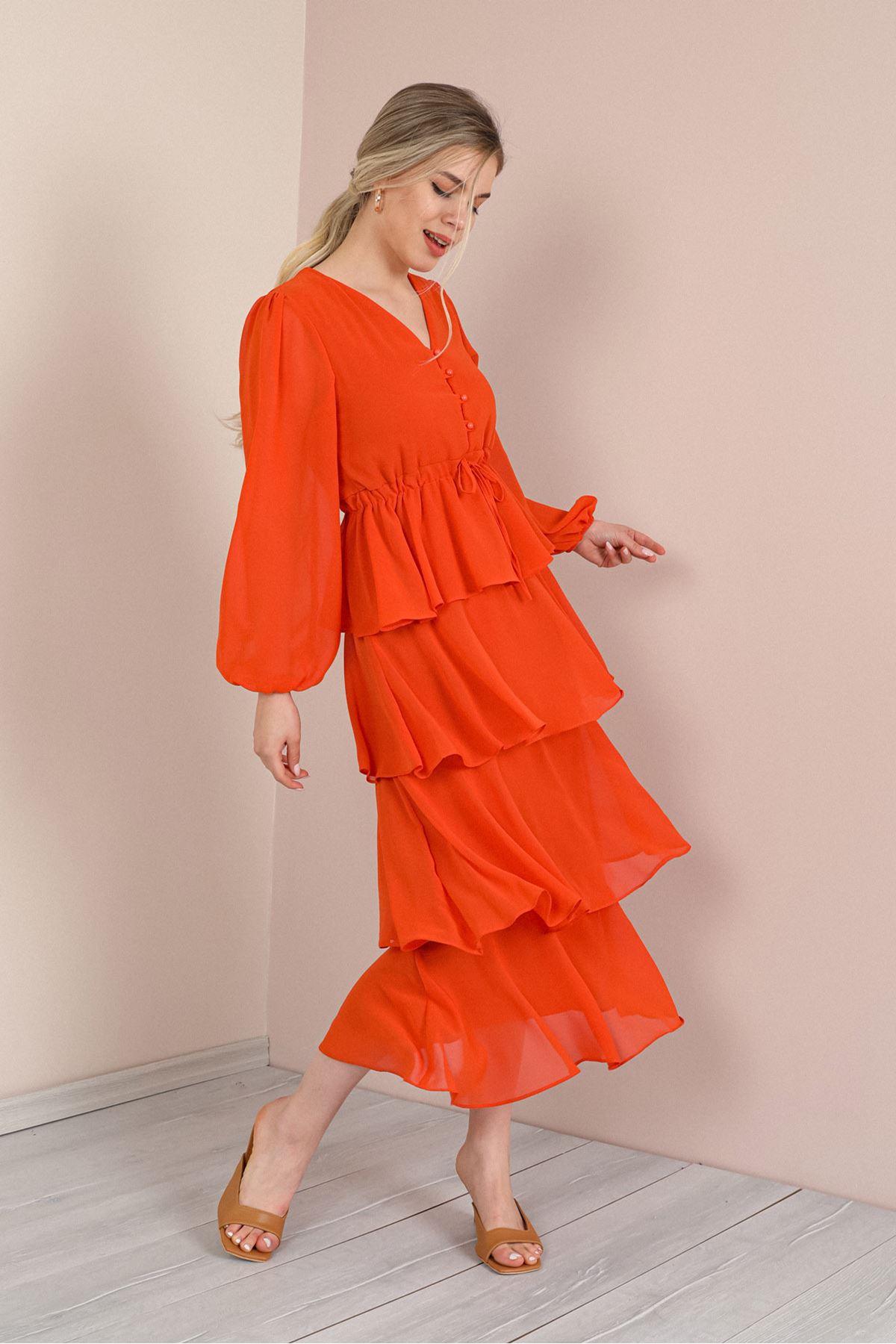 Şifon Kumaş Uzun Kollu V Yaka Katkat Kadın Elbise-Oranj