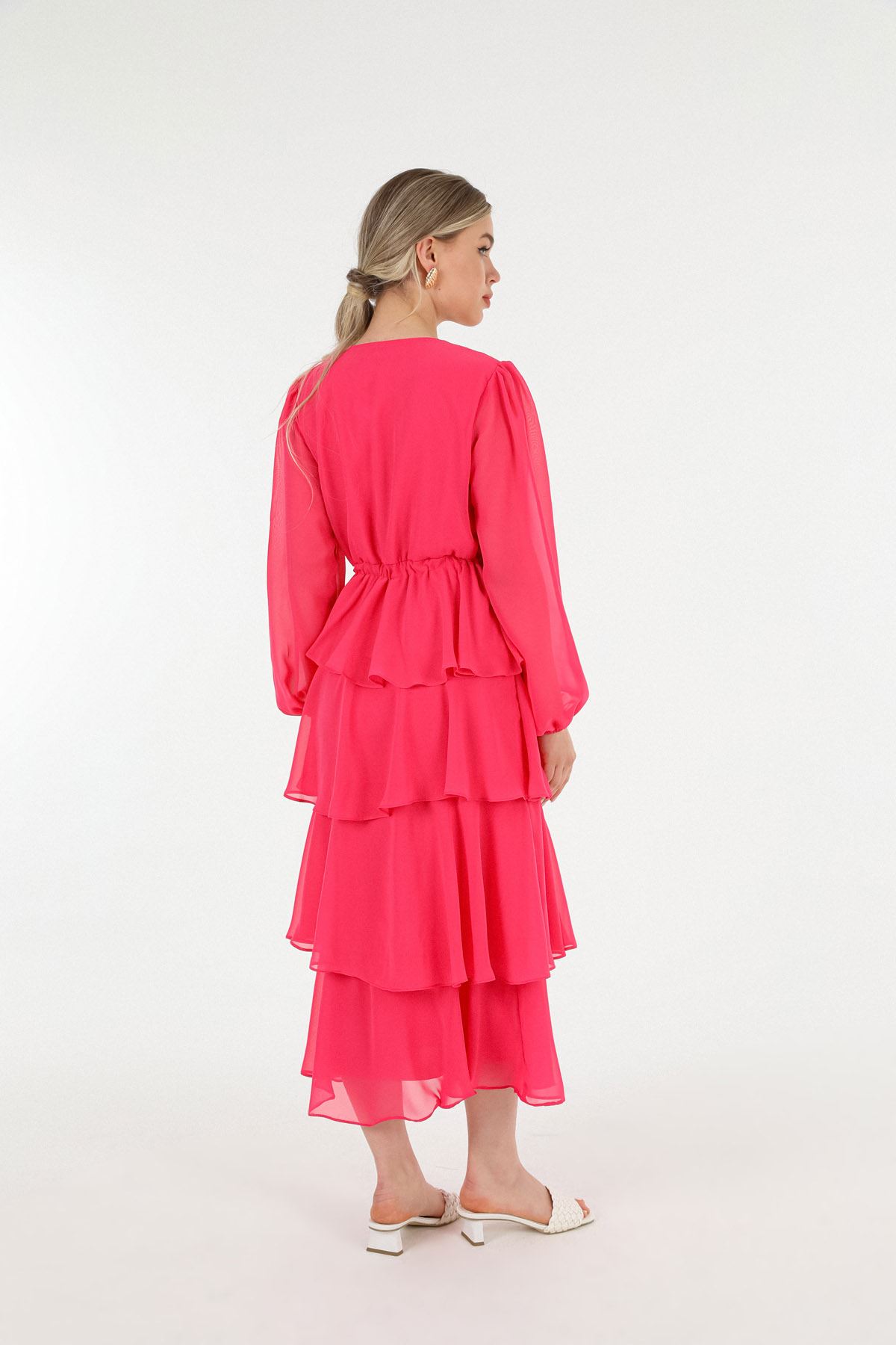 Chiffon Fabric Long Sleeve V Neck Women Dress-Fuchia