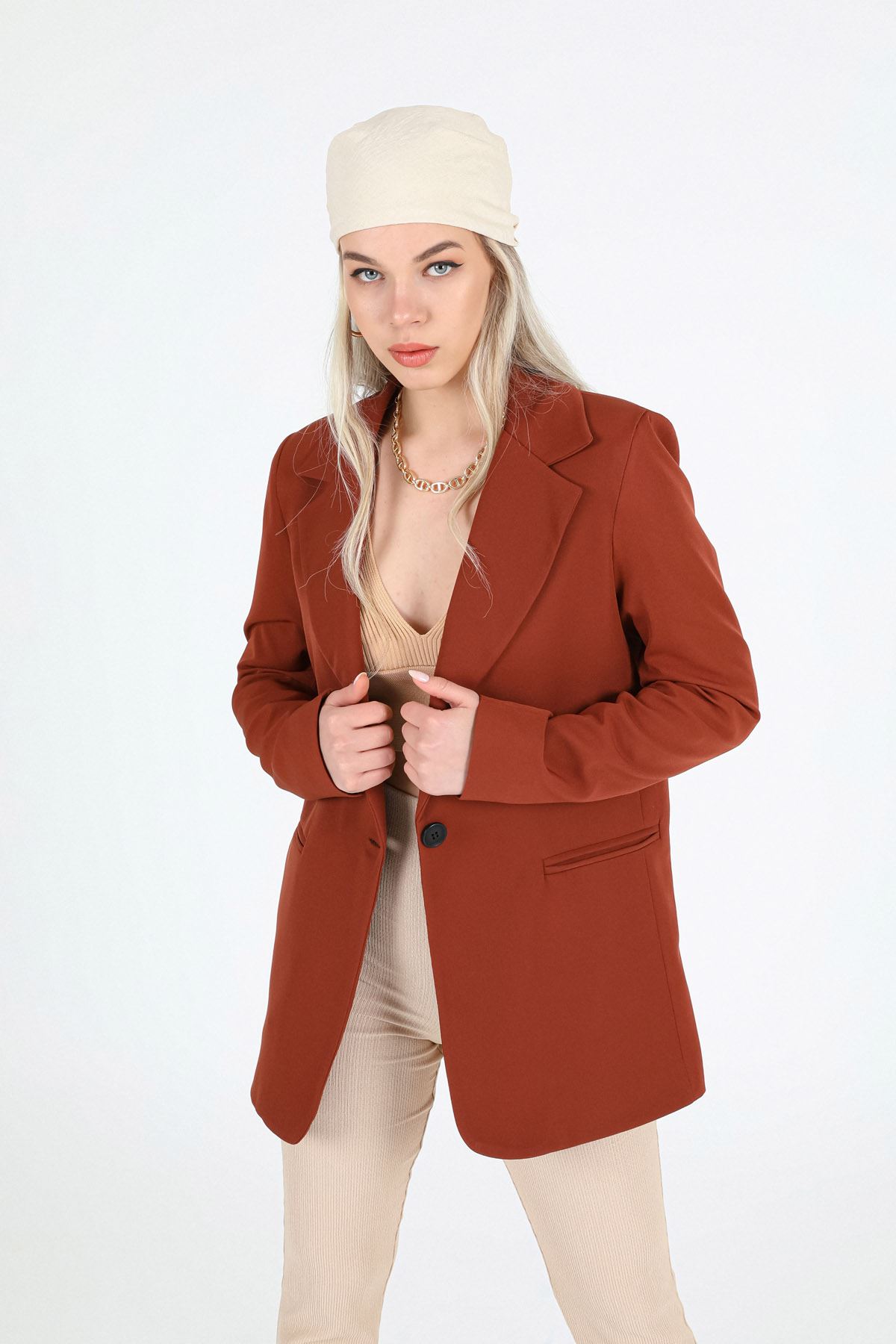 Atlas Fabric Long Sleeve Oversize Women Jacket-Brown