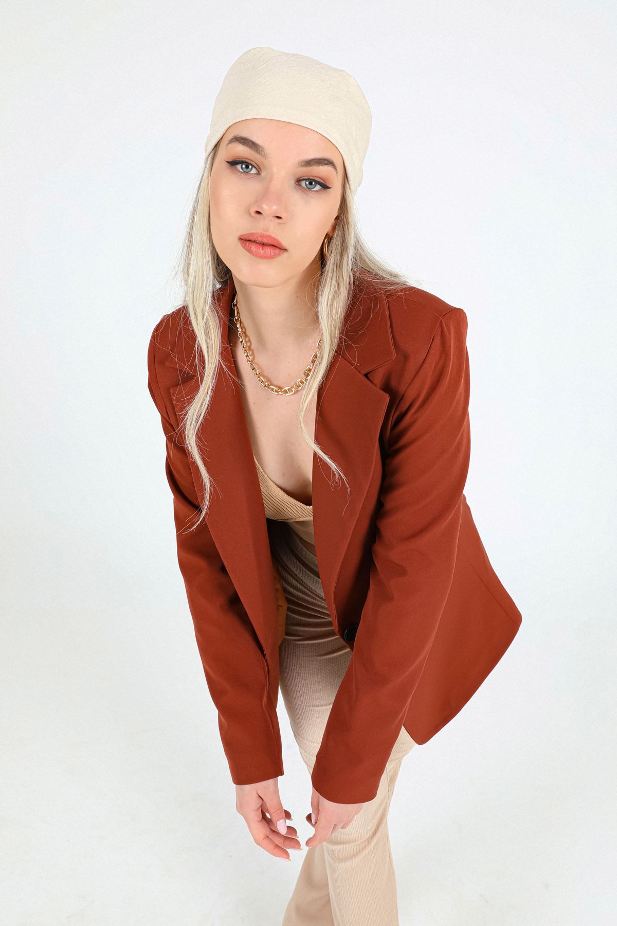 Atlas Fabric Long Sleeve Oversize Women Jacket-Brown