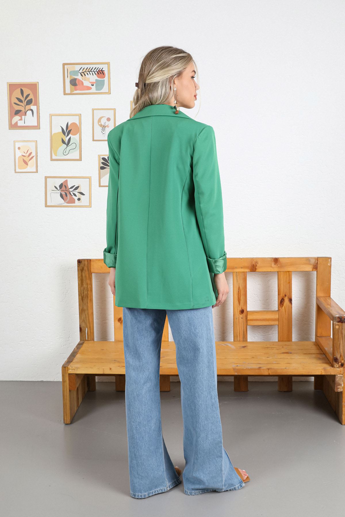 Atlas Fabric Long Sleeve Oversize Women Jacket-Green