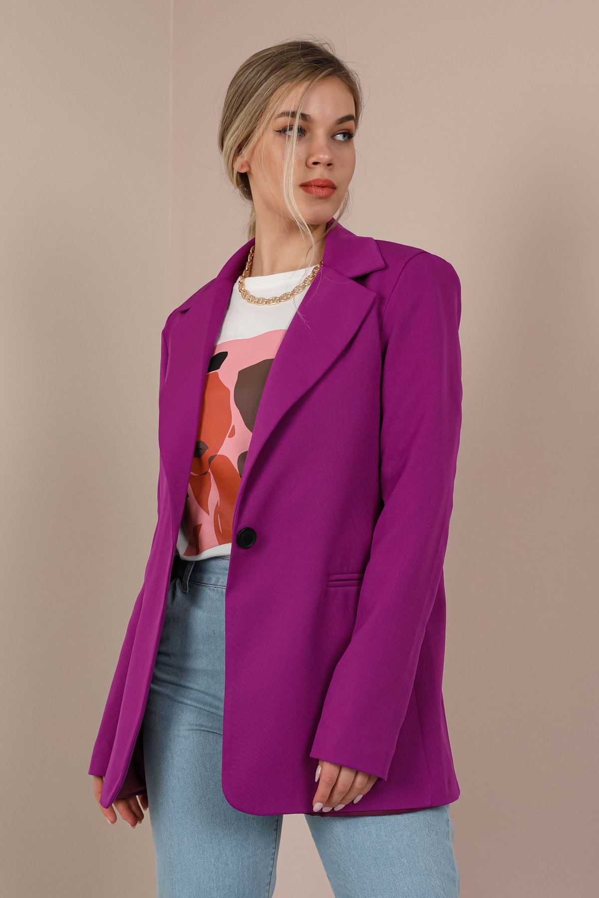 Atlas Fabric Long Sleeve Oversize Women Jacket-Purple