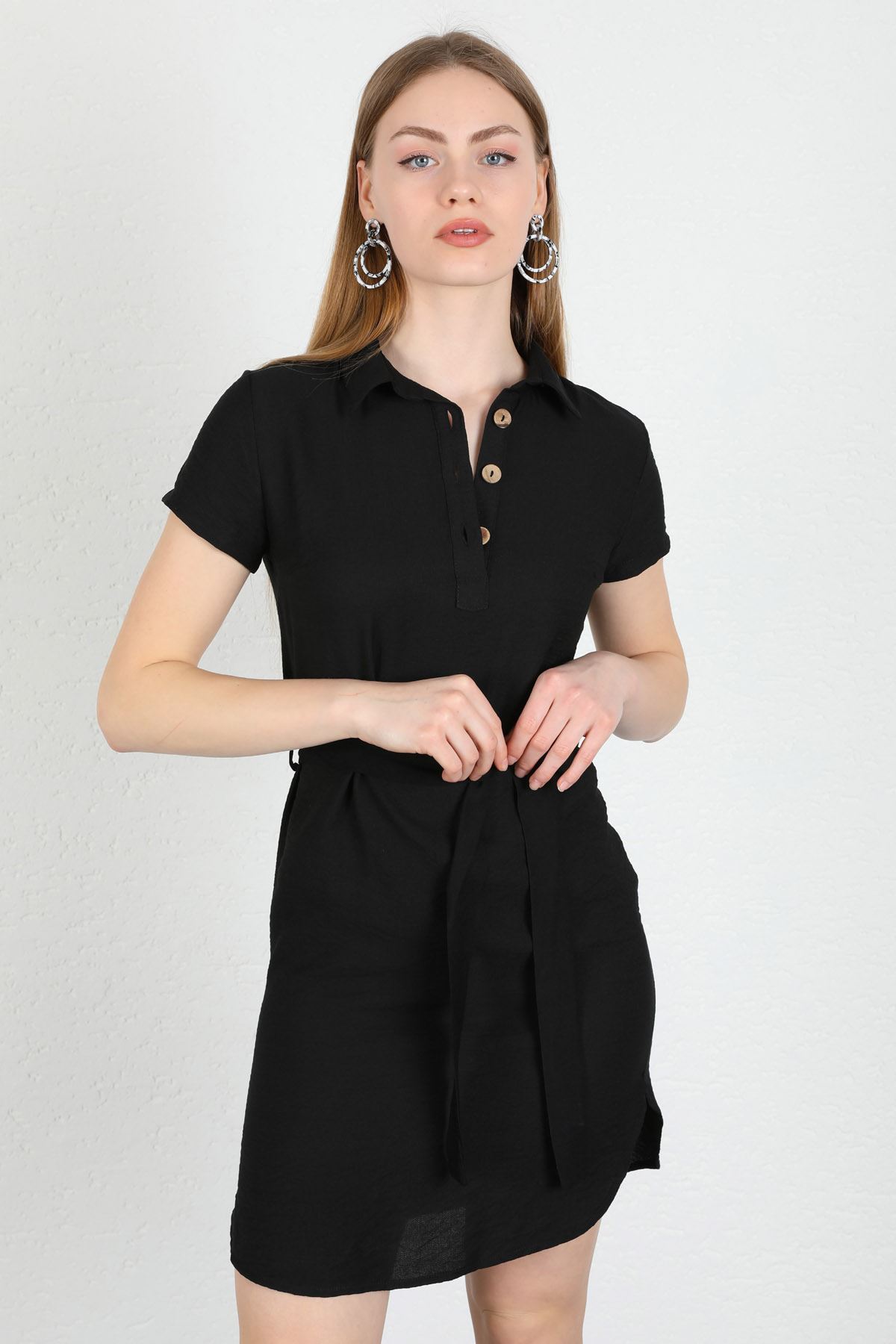 Submersible Fabric Shirt Collar Full Fit Buttoned Women Dress - Black