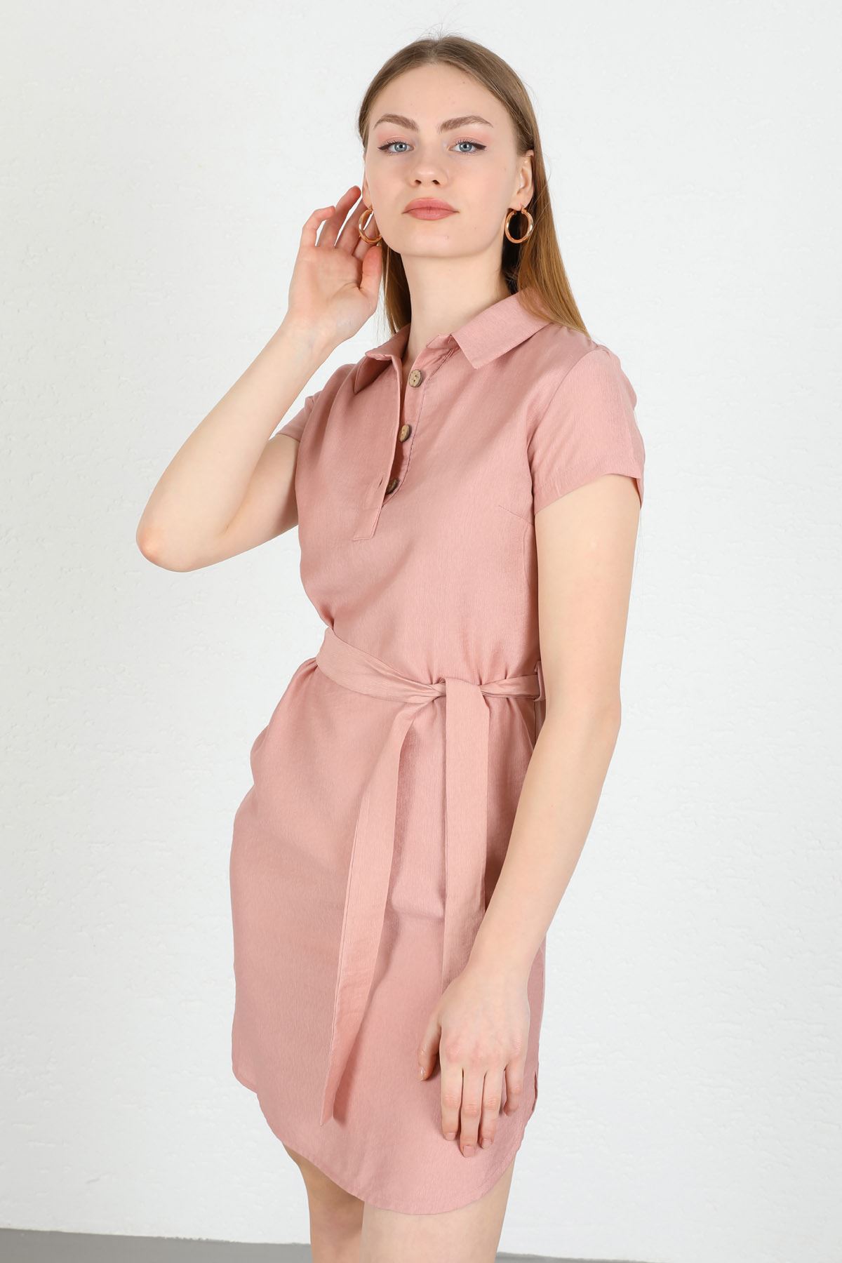 Акваланг ткань отложной воротник Женское платье на пуговицах - Светло розовый