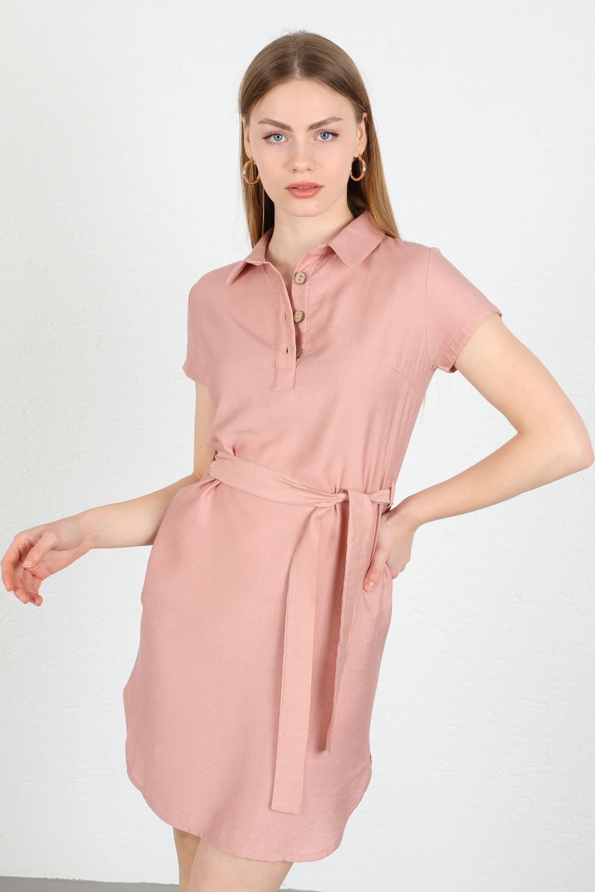 Акваланг ткань отложной воротник Женское платье на пуговицах - Светло розовый