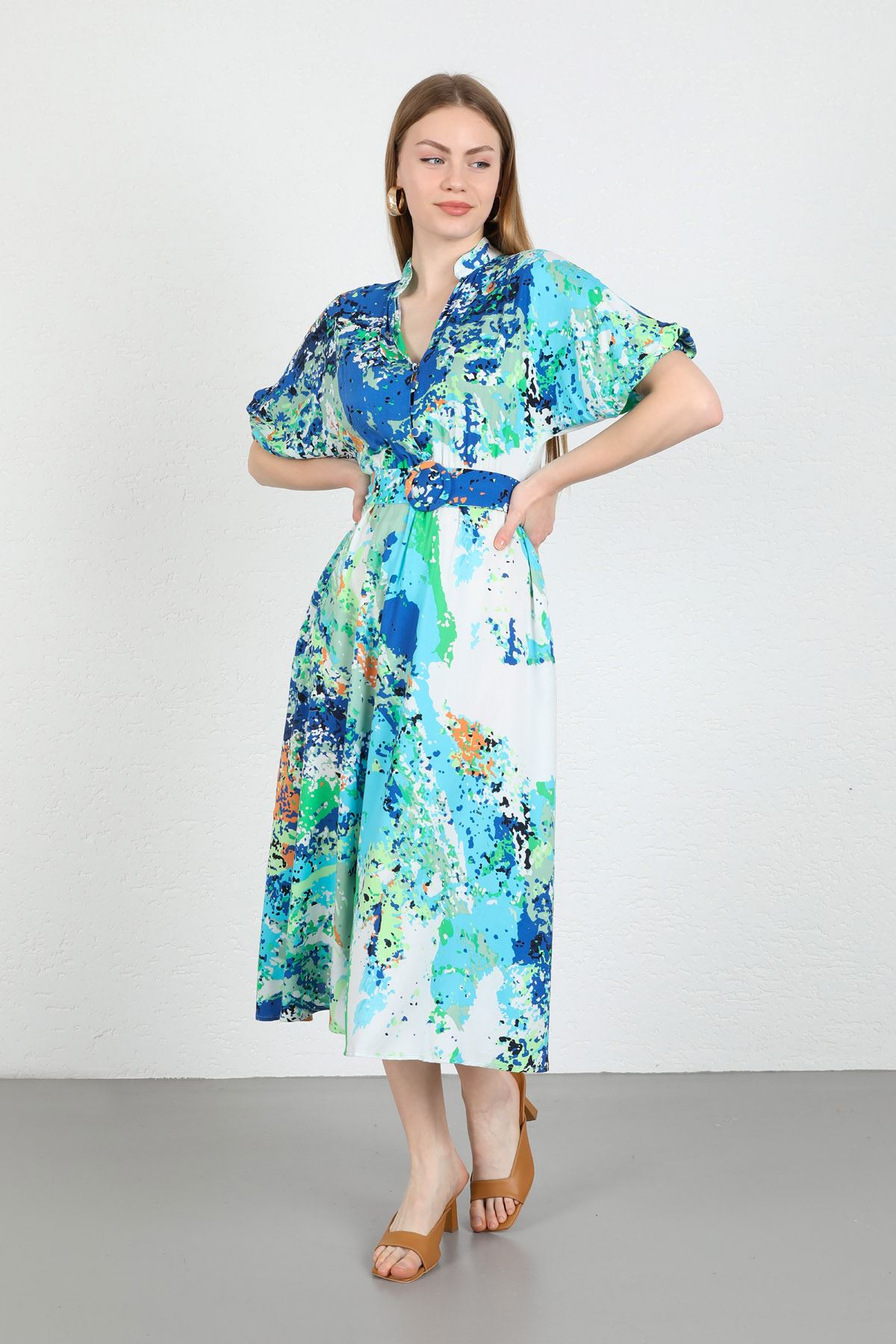 Short Sleeve V-Neck Below Knees Wide Mixed Print Belted Women Dress - Blue