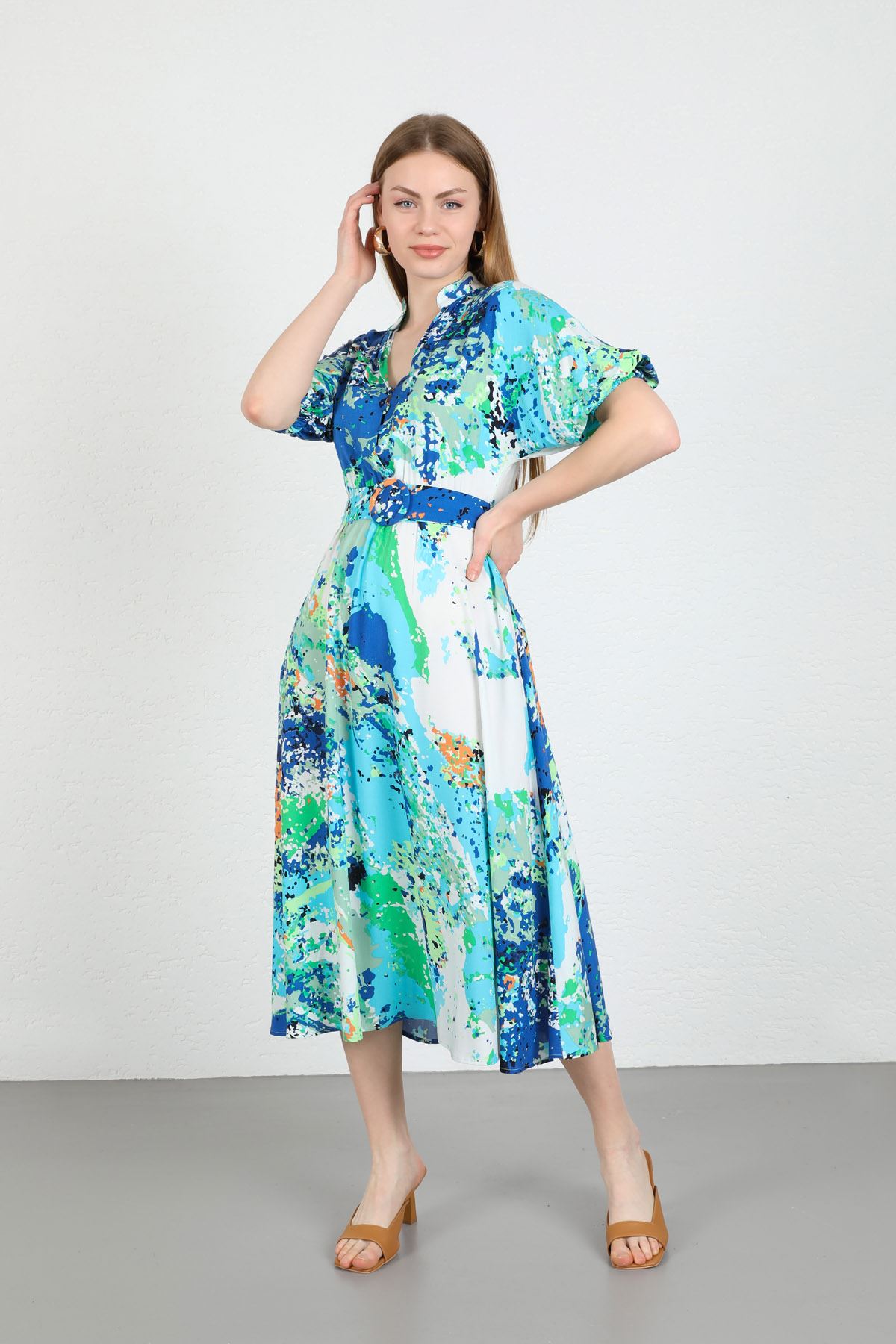 Short Sleeve V-Neck Below Knees Wide Mixed Print Belted Women Dress - Blue