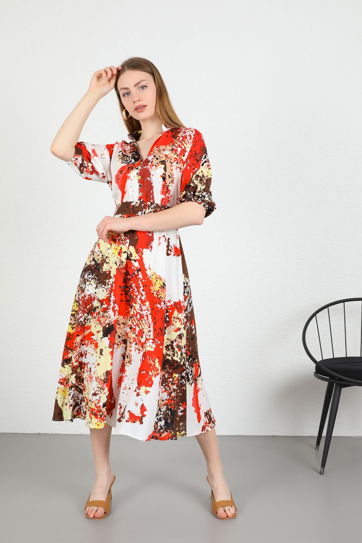 Short Sleeve V-Neck Below Knees Wide Mixed Print Belted Women Dress - Pomegrante Flower