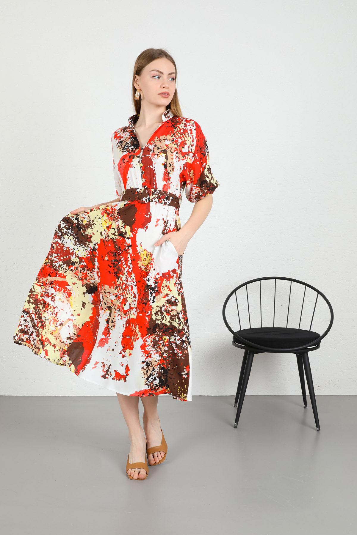 Short Sleeve V-Neck Below Knees Wide Mixed Print Belted Women Dress - Pomegrante Flower