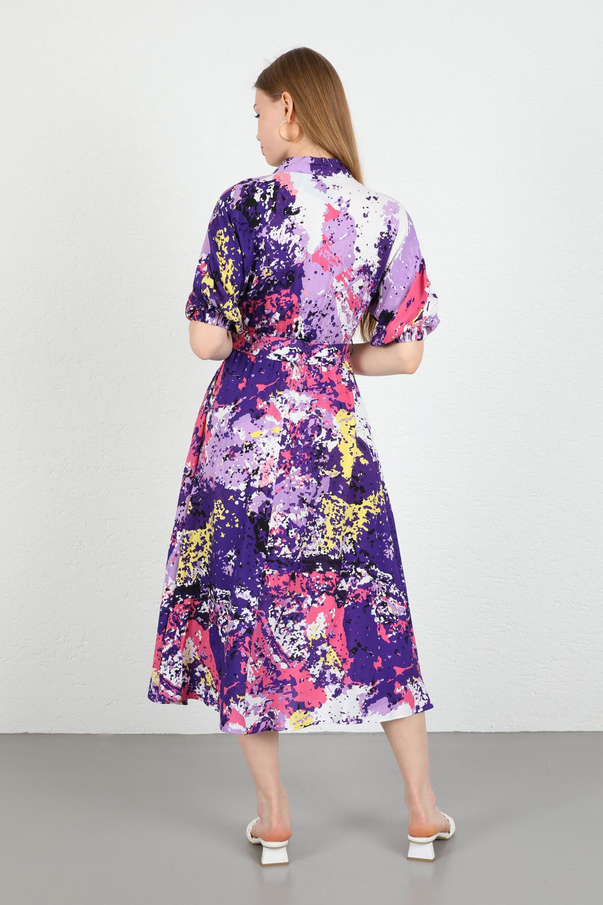 короткий V-образный вырез смешанный принтженское платье - Фиолетовый
