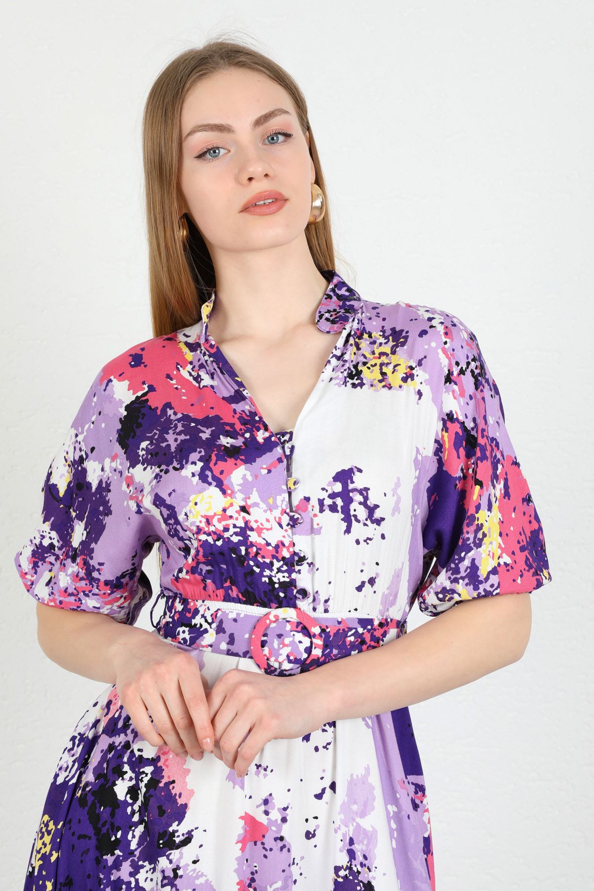 Short Sleeve V-Neck Below Knees Wide Mixed Print Belted Women Dress - Purple