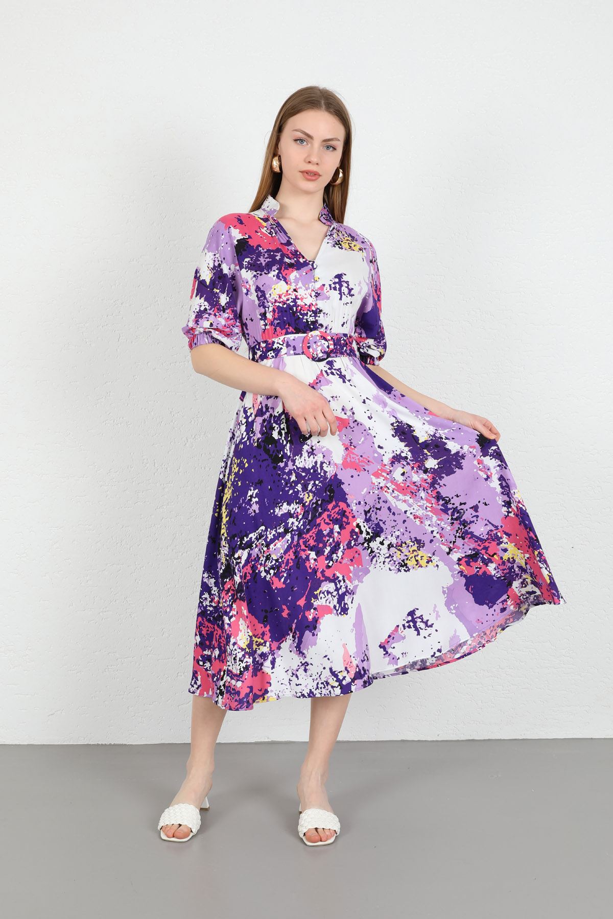 короткий V-образный вырез смешанный принтженское платье - Фиолетовый