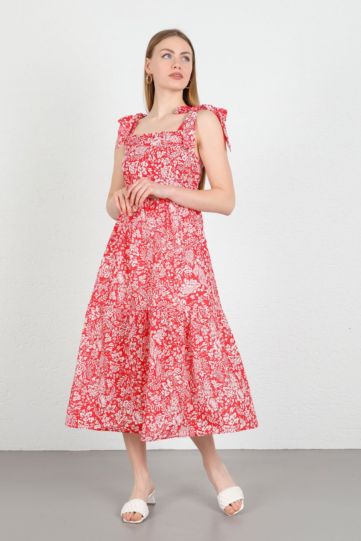 Vual Fabric Square Neck Floral Print Tied Shoulder Women Dress - Red