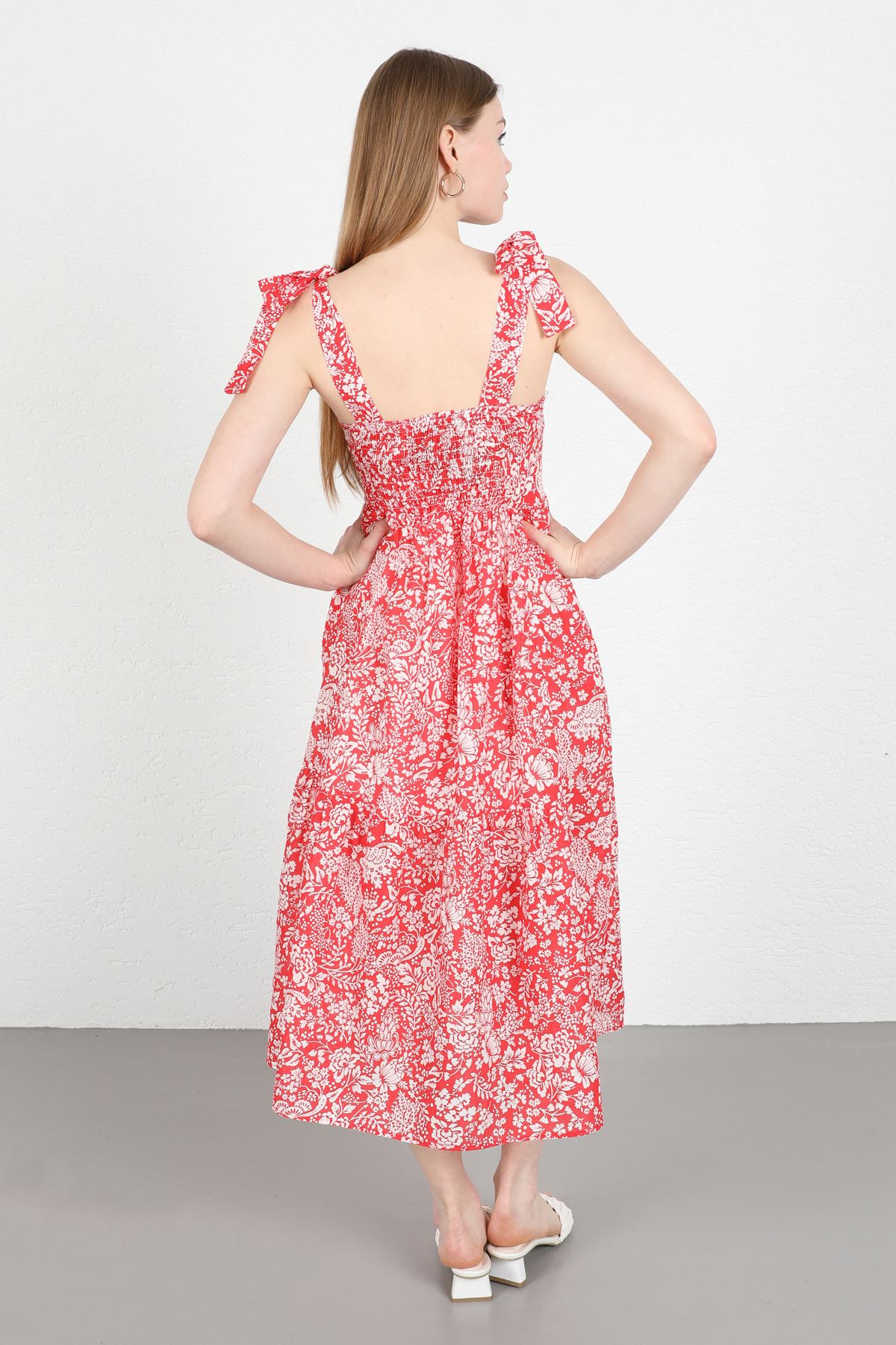Вуаль Ткань Квадратная шея цветочный принтженское платье до колен - Kрасный