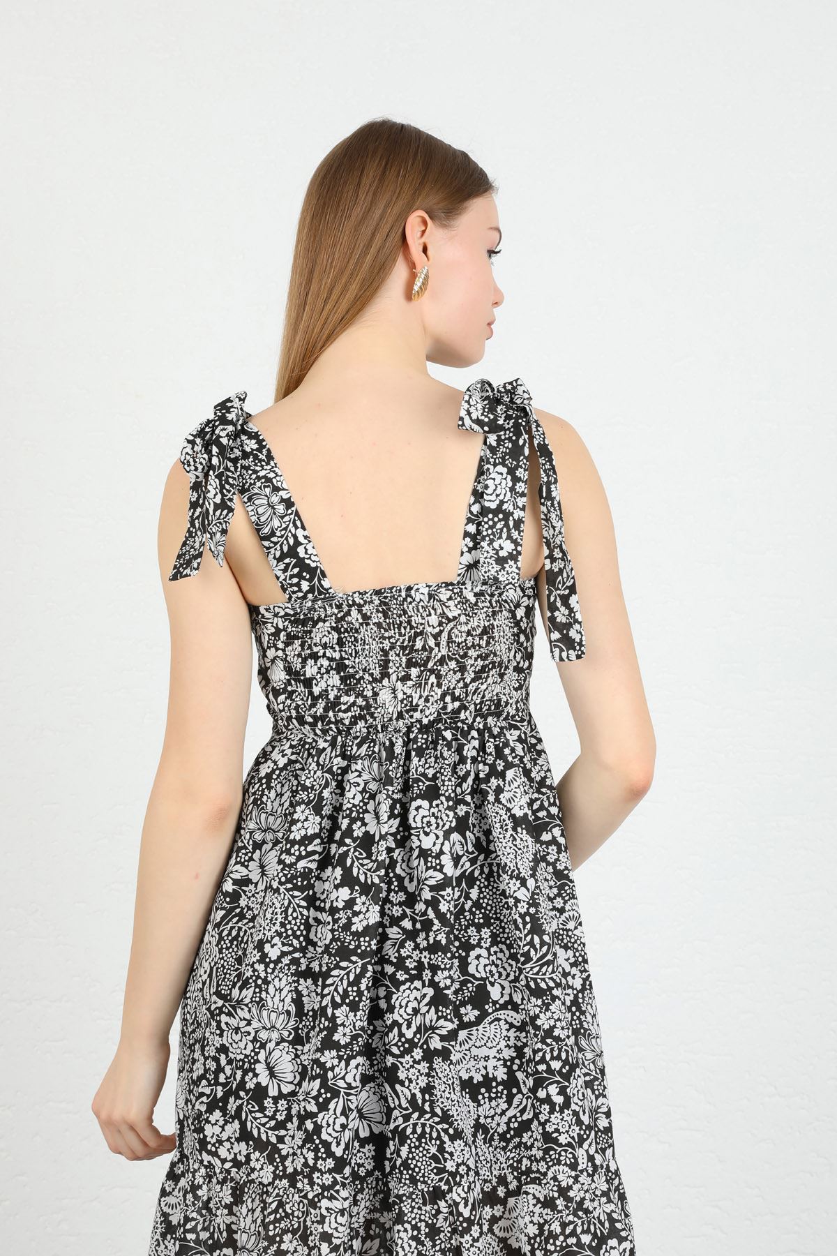 Vual Fabric Square Neck Floral Print Tied Shoulder Women Dress - Black