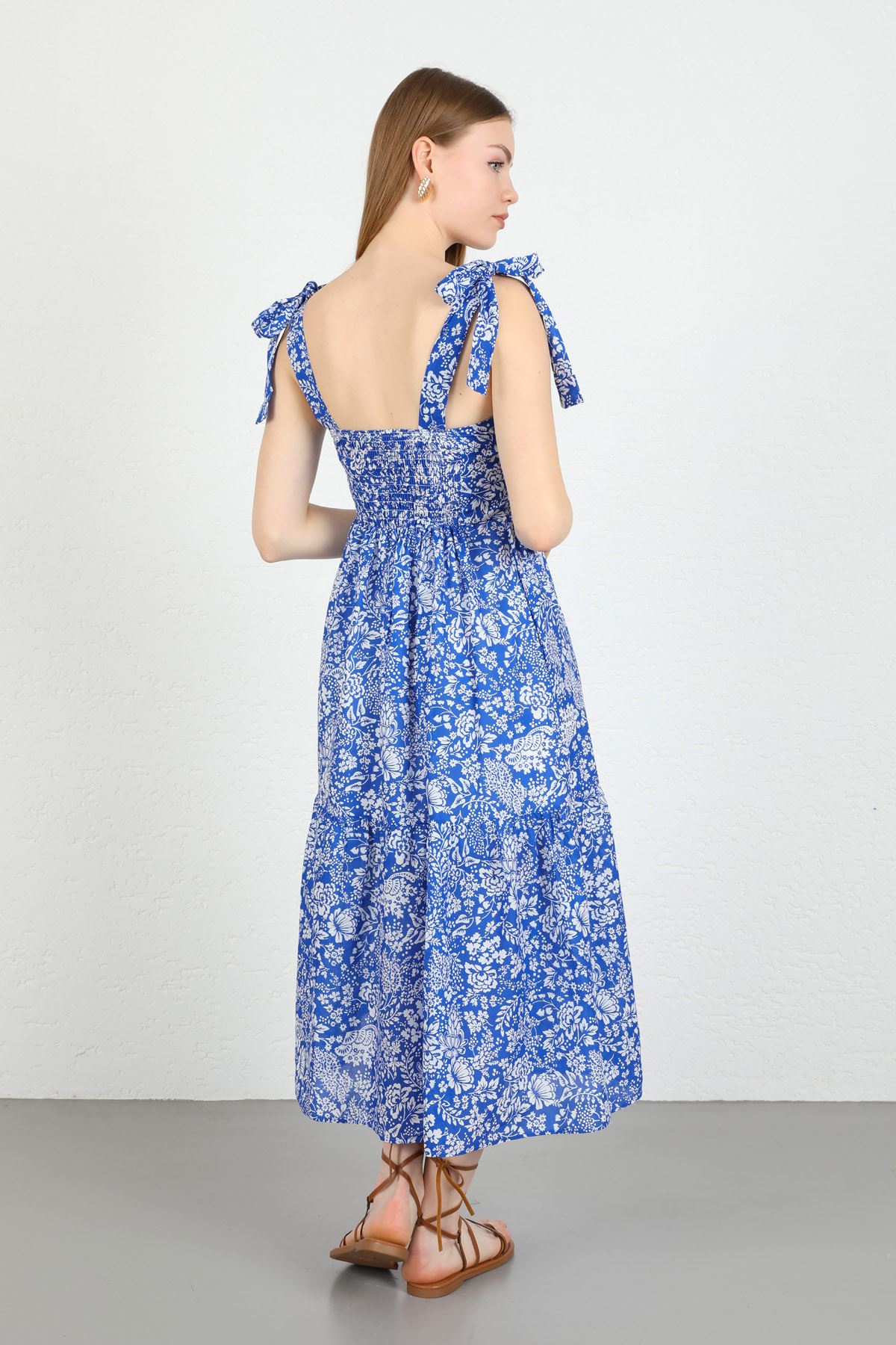 Vual Fabric Square Neck Floral Print Tied Shoulder Women Dress - Dark Blue