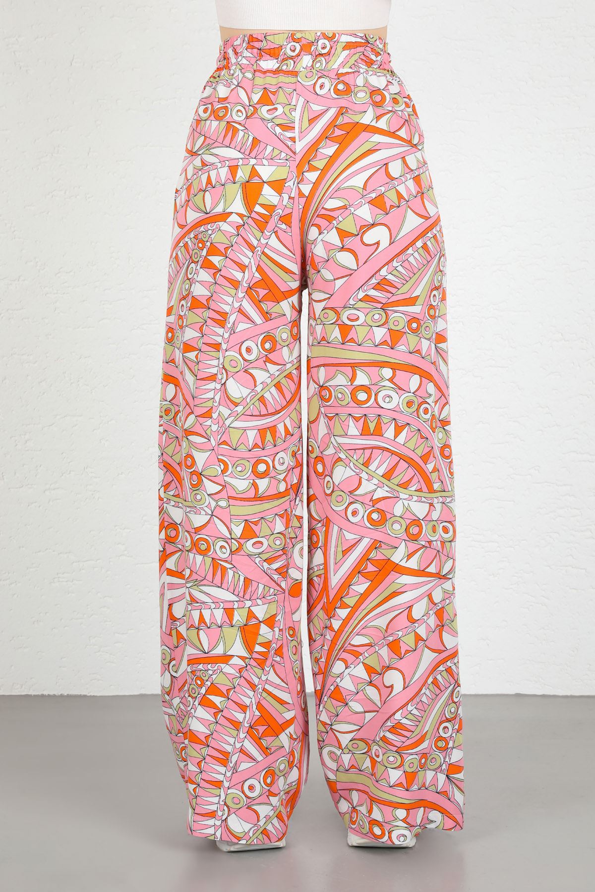 Viskon Empirme Kumaş Geometrik Desen Kadın Pantolon-Pembe