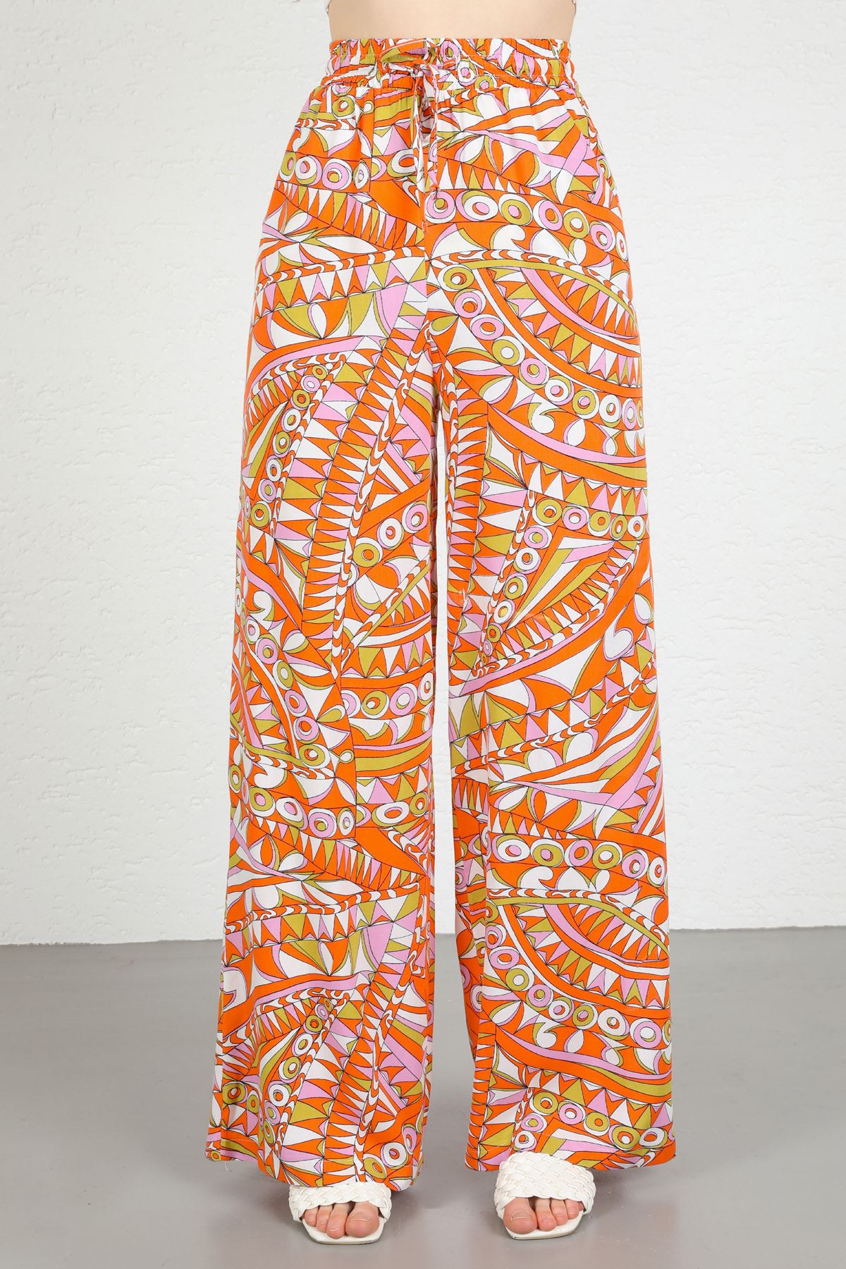 Viskon Empirme Kumaş Geometrik Desen Kadın Pantolon-Oranj