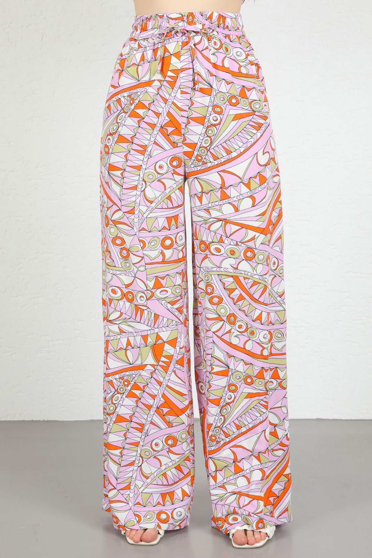 Viskon Empirme Kumaş Geometrik Desen Kadın Pantolon-Lila