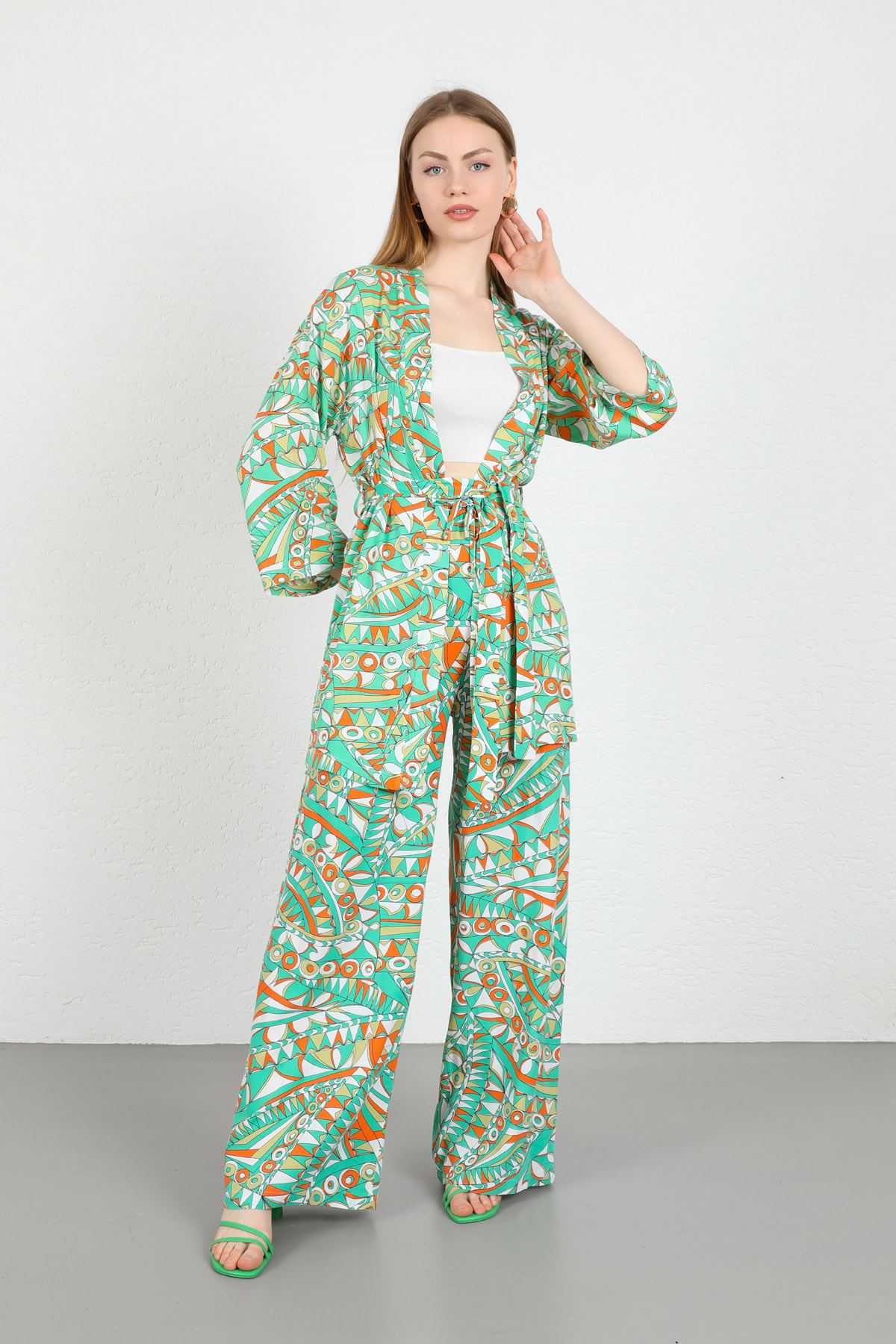 Viskon Empirme Kumaş Geometrik Desen Kadın Kimono-Yeşil