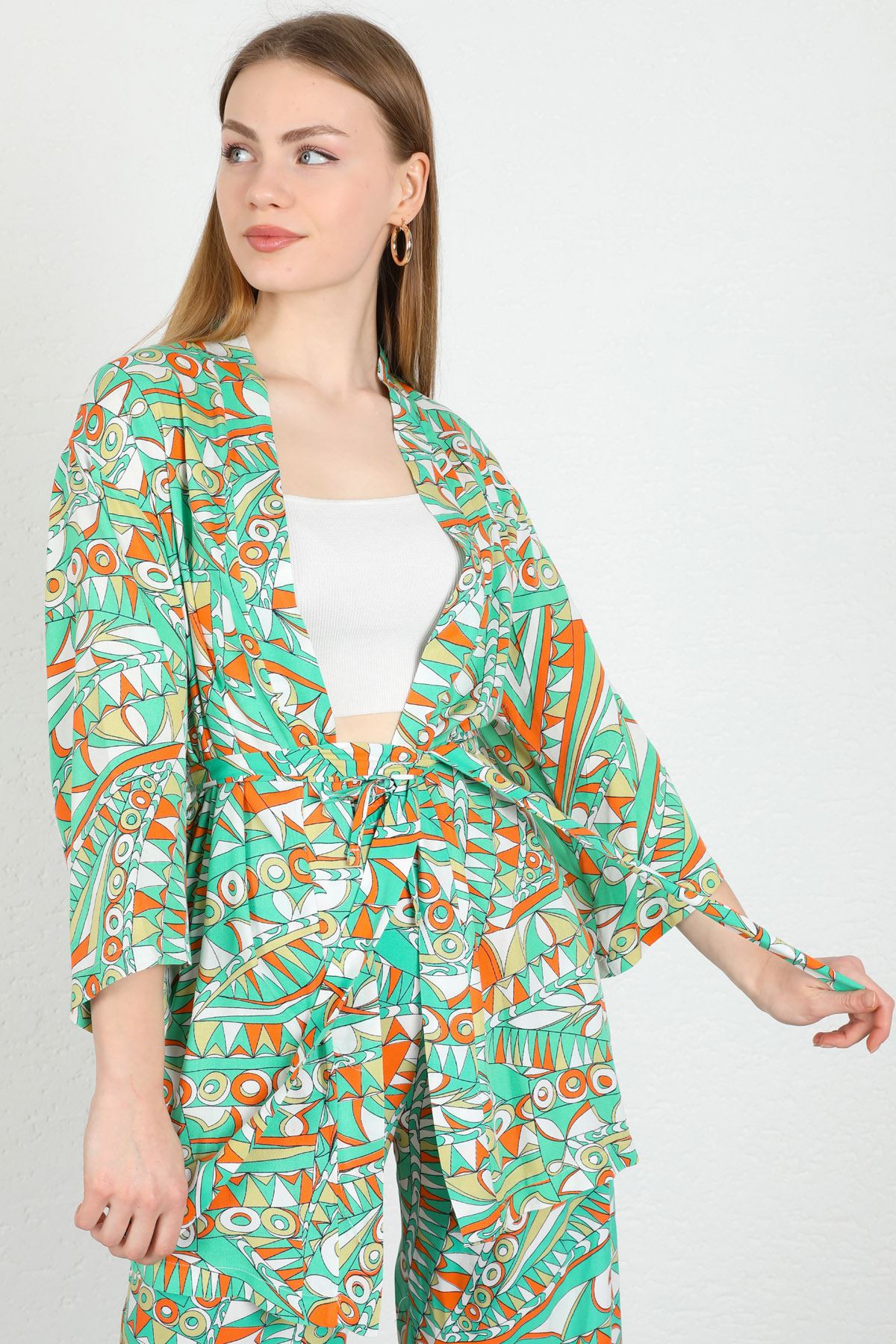 Viskon Empirme Kumaş Geometrik Desen Kadın Kimono-Yeşil