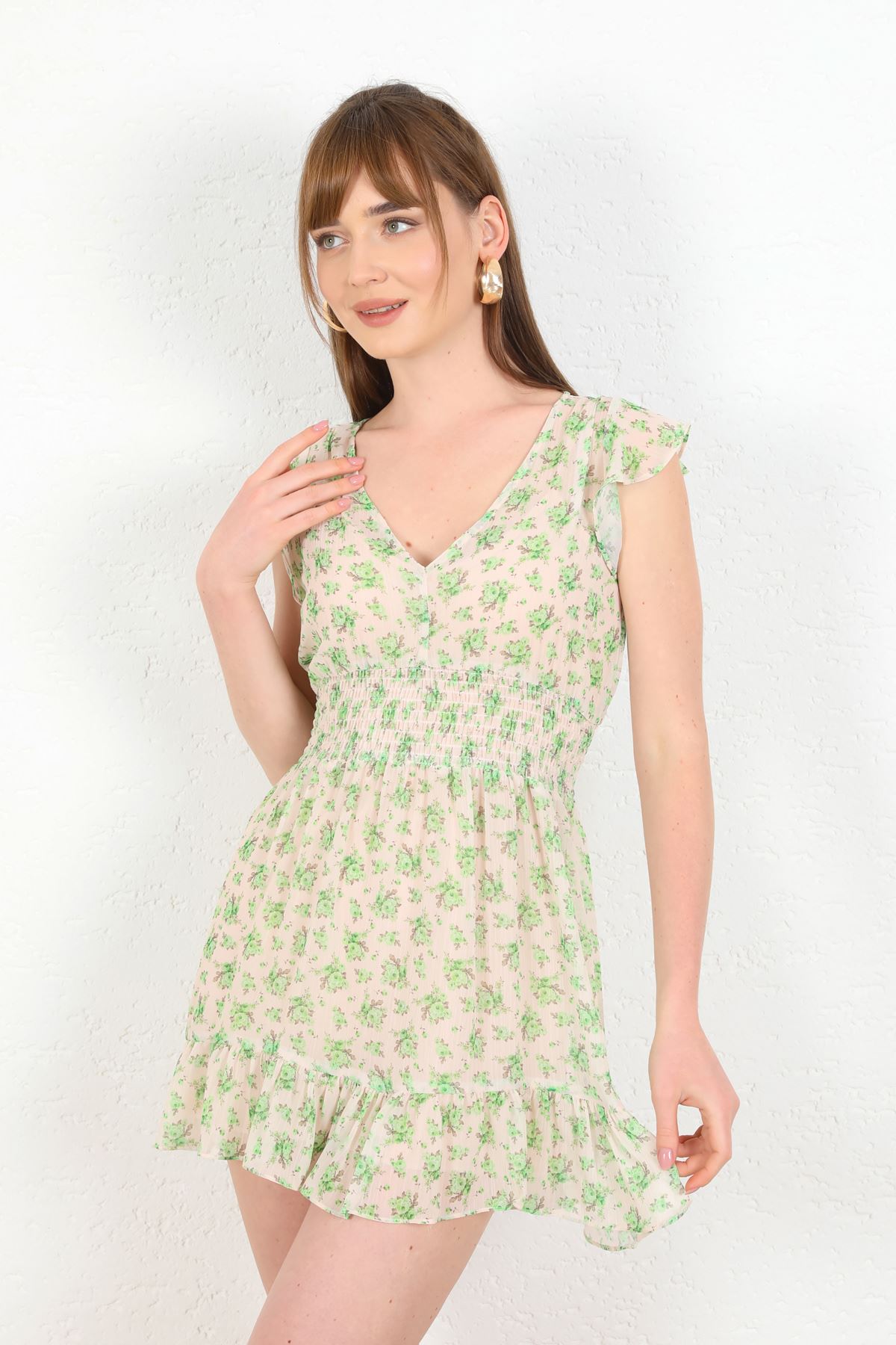 Şifon Kumaş Bel Lastikli Kısa Kadın Elbise-Yeşil