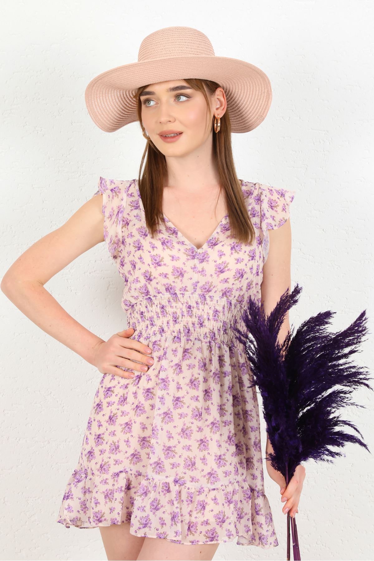 Chiffon Fabric Short Women Dress-Lilac