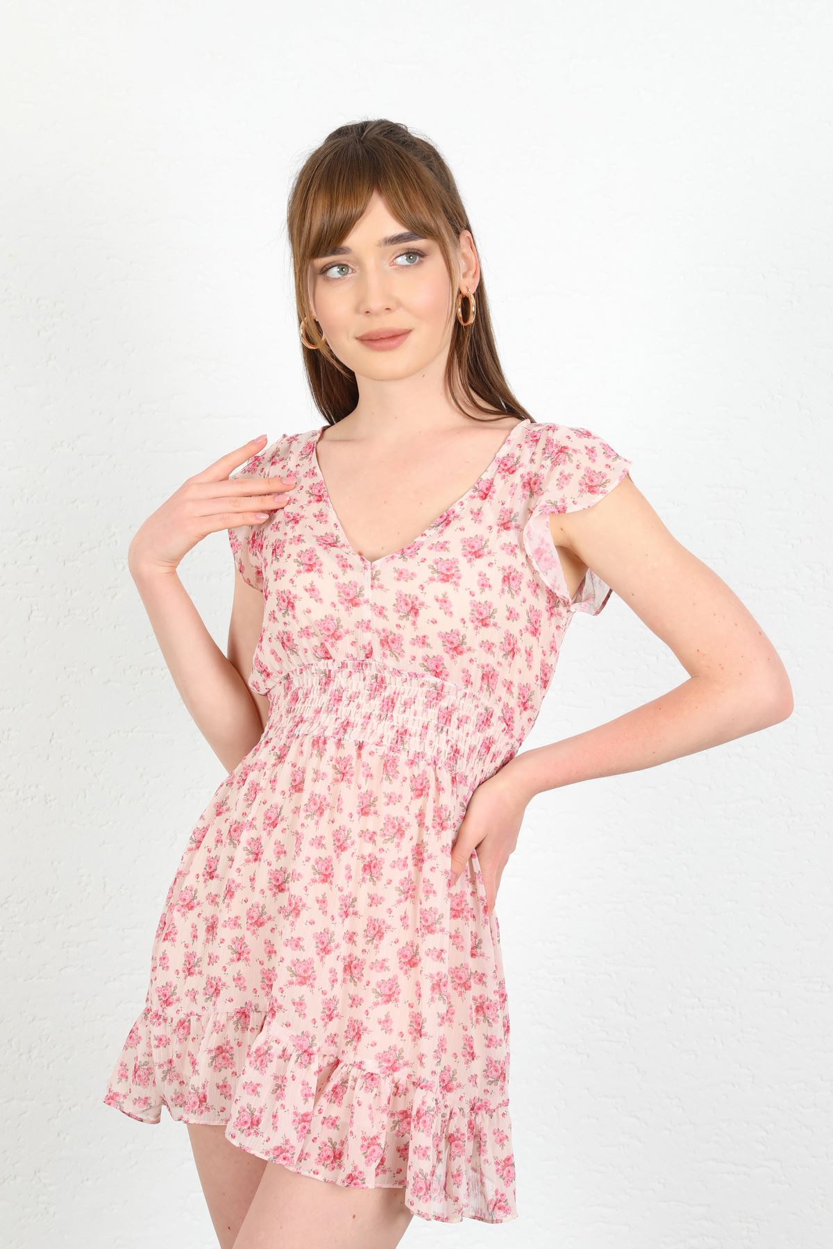 Chiffon Fabric Short Women Dress-Pink