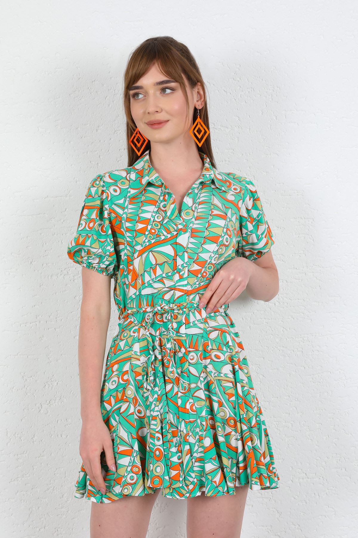 Viscon Fabric Geometric Pattern Women Dress-Green
