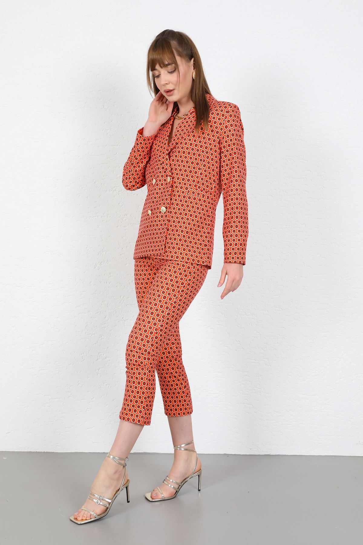 Atlas Fabric Geometric Pattern Women Pants-Orange