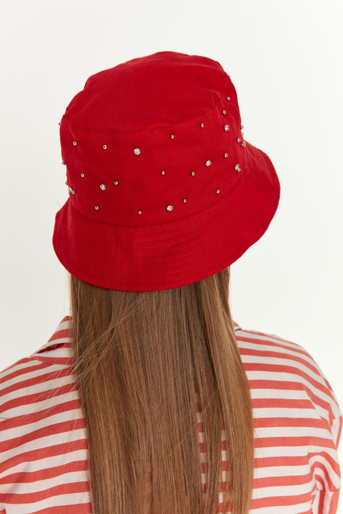 Pamuk Kumaş Üzeri Taşlı Bucket Kadın Şapka-Kırmızı