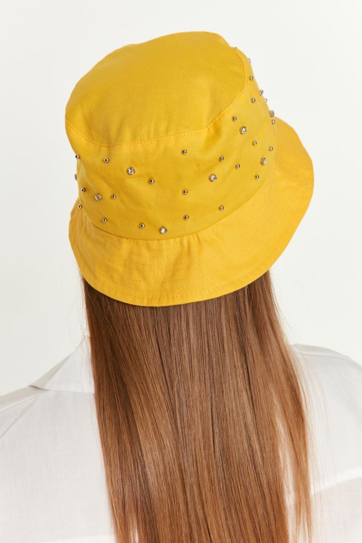 Pamuk Kumaş Üzeri Taşlı Bucket Kadın Şapka-Sarı