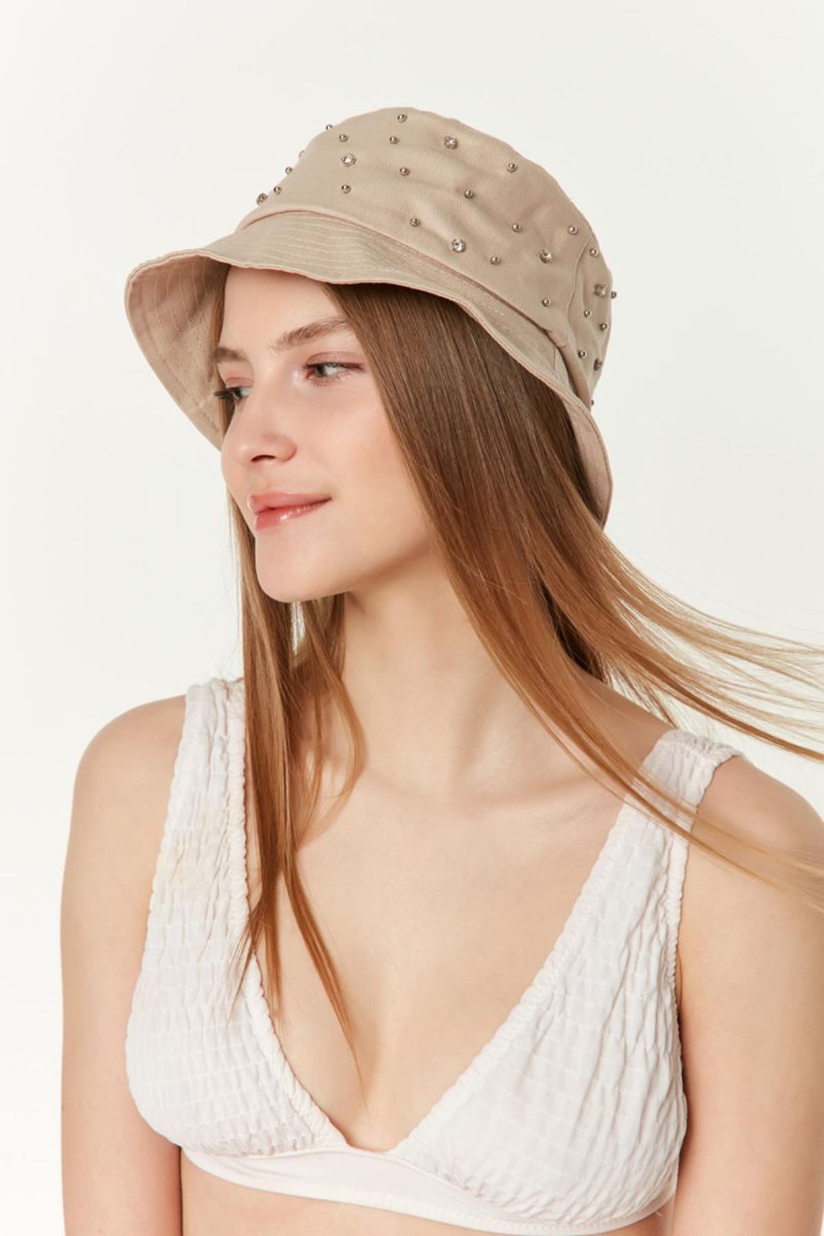Pamuk Kumaş Üzeri Taşlı Bucket Kadın Şapka-Bej