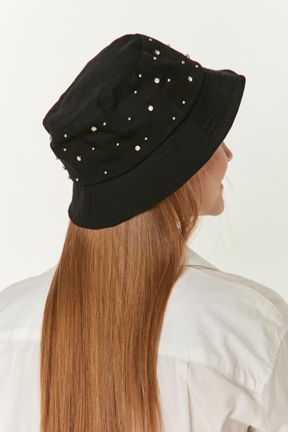 Pamuk Kumaş Üzeri Taşlı Bucket Kadın Şapka-Siyah