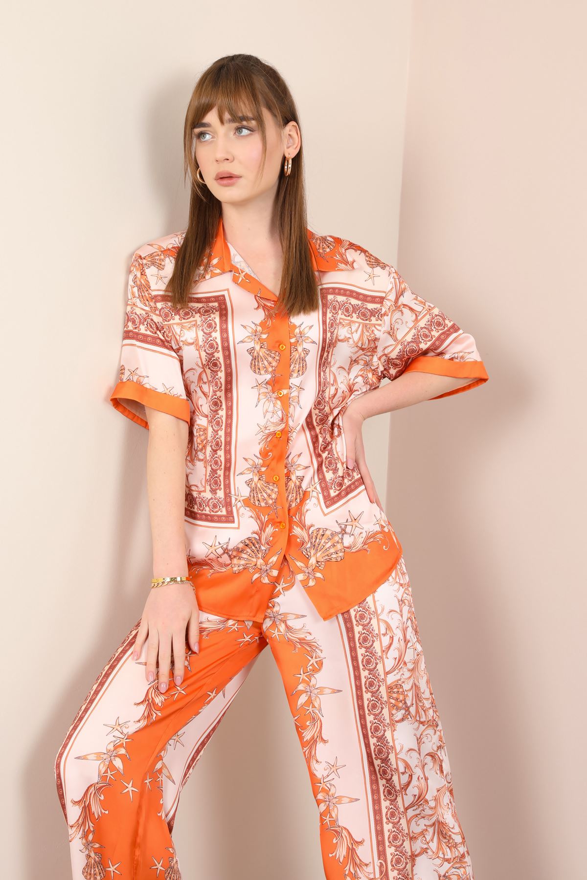 Satin Fabric Shirt Collar Half Sleeve Star Pattern Women Set-Orange