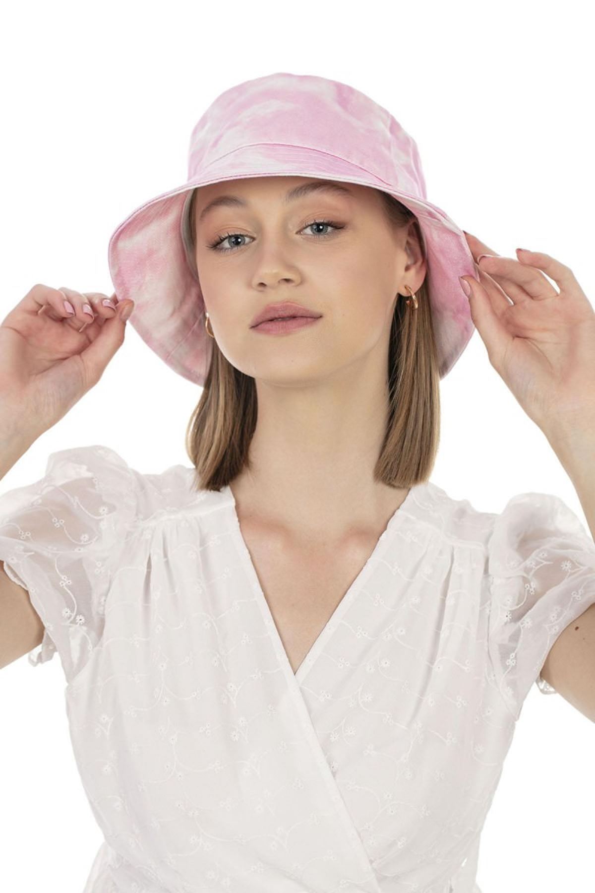 Pamuk Kumaş Batik Desenli Bucket Kadın Şapka-Pembe