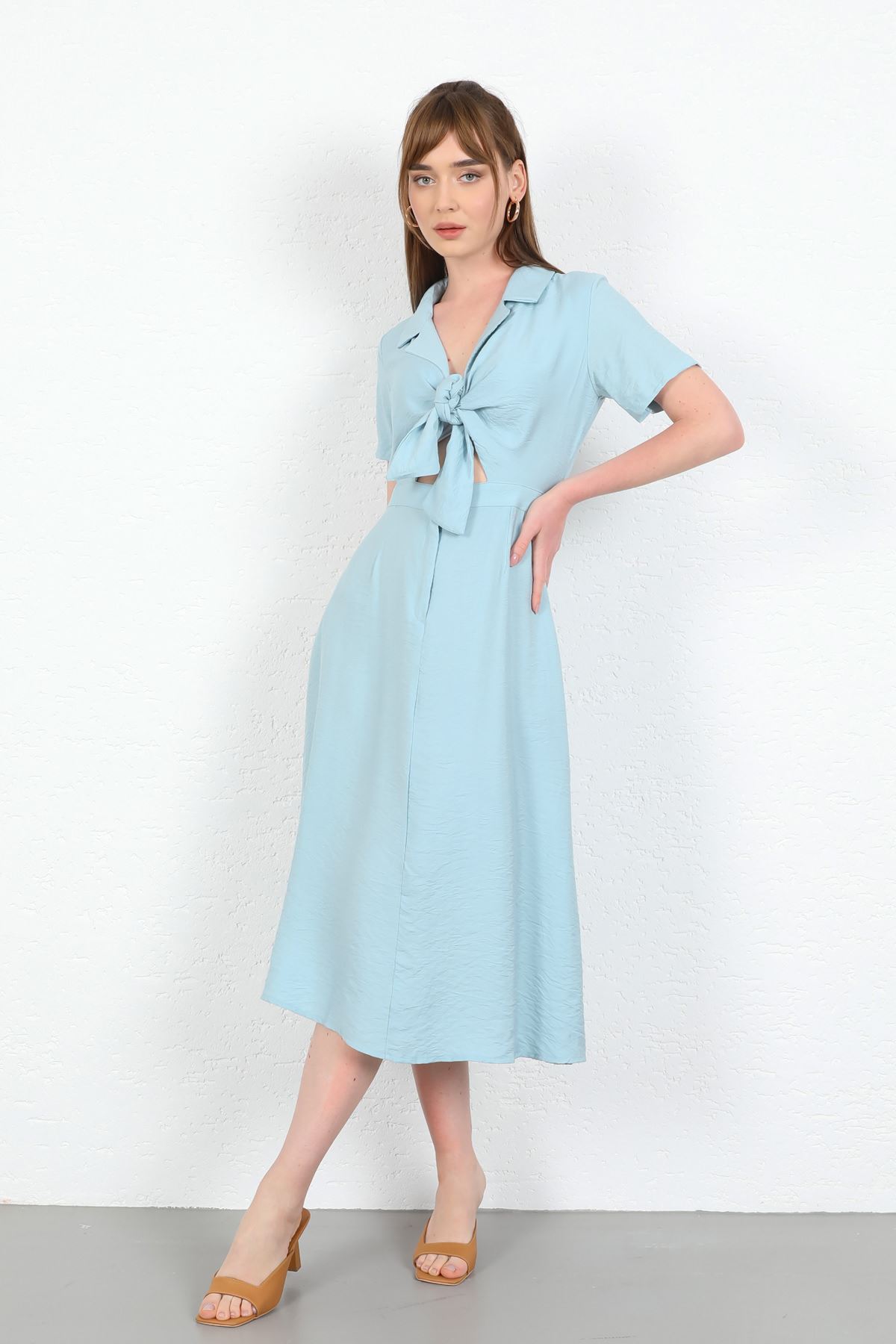 Base Quality Fabric Revere Collar Tied Long Dress - Light Blue