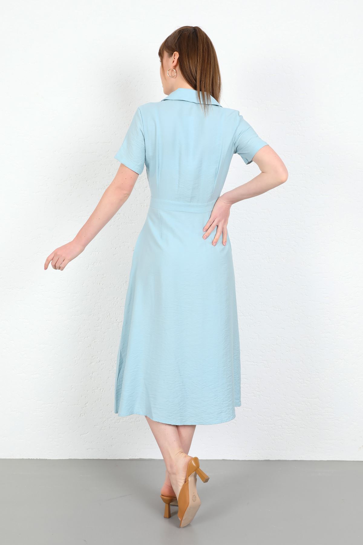Base Quality Fabric Revere Collar Tied Long Dress - Light Blue