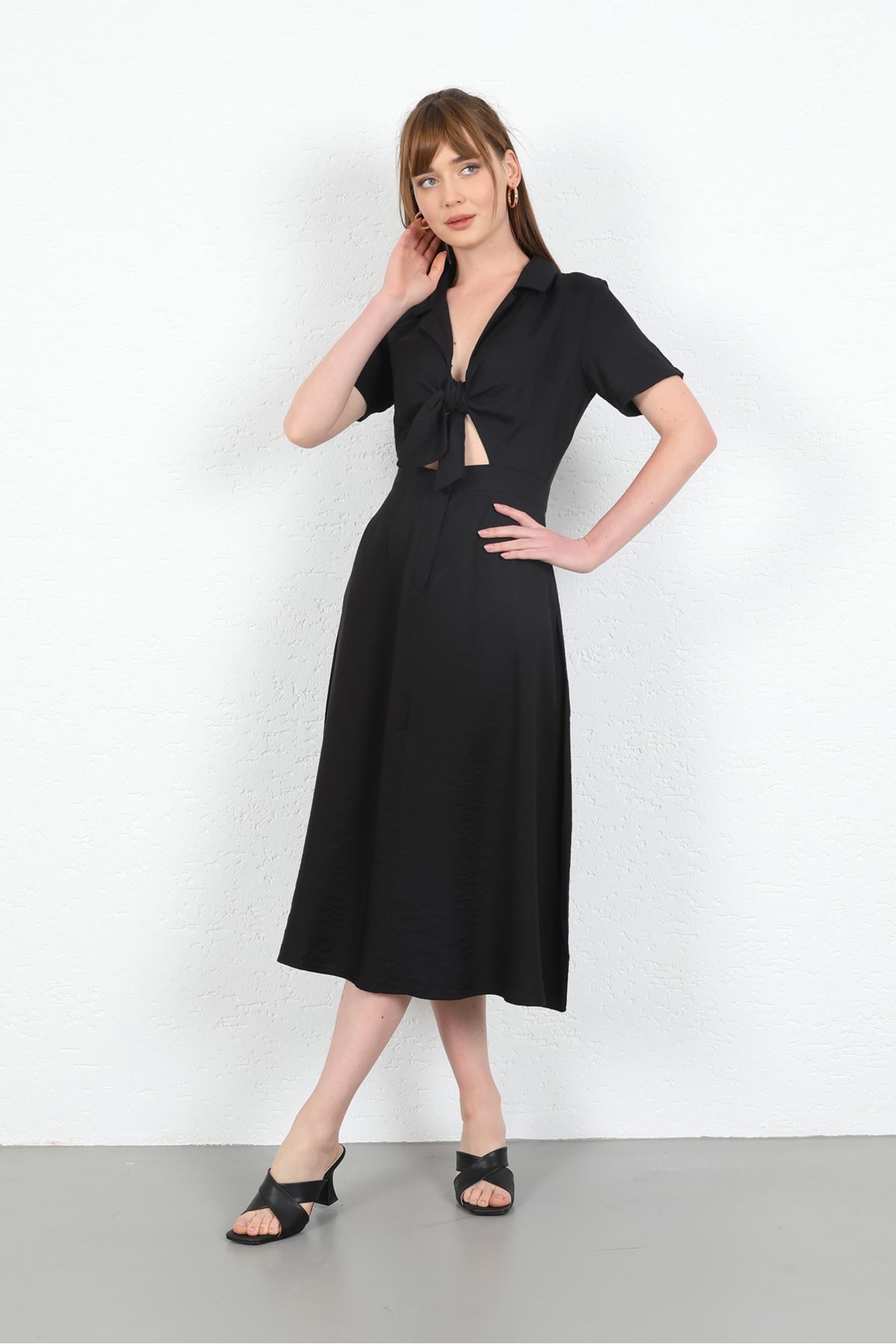 Base Quality Fabric Revere Collar Tied Long Dress - Black