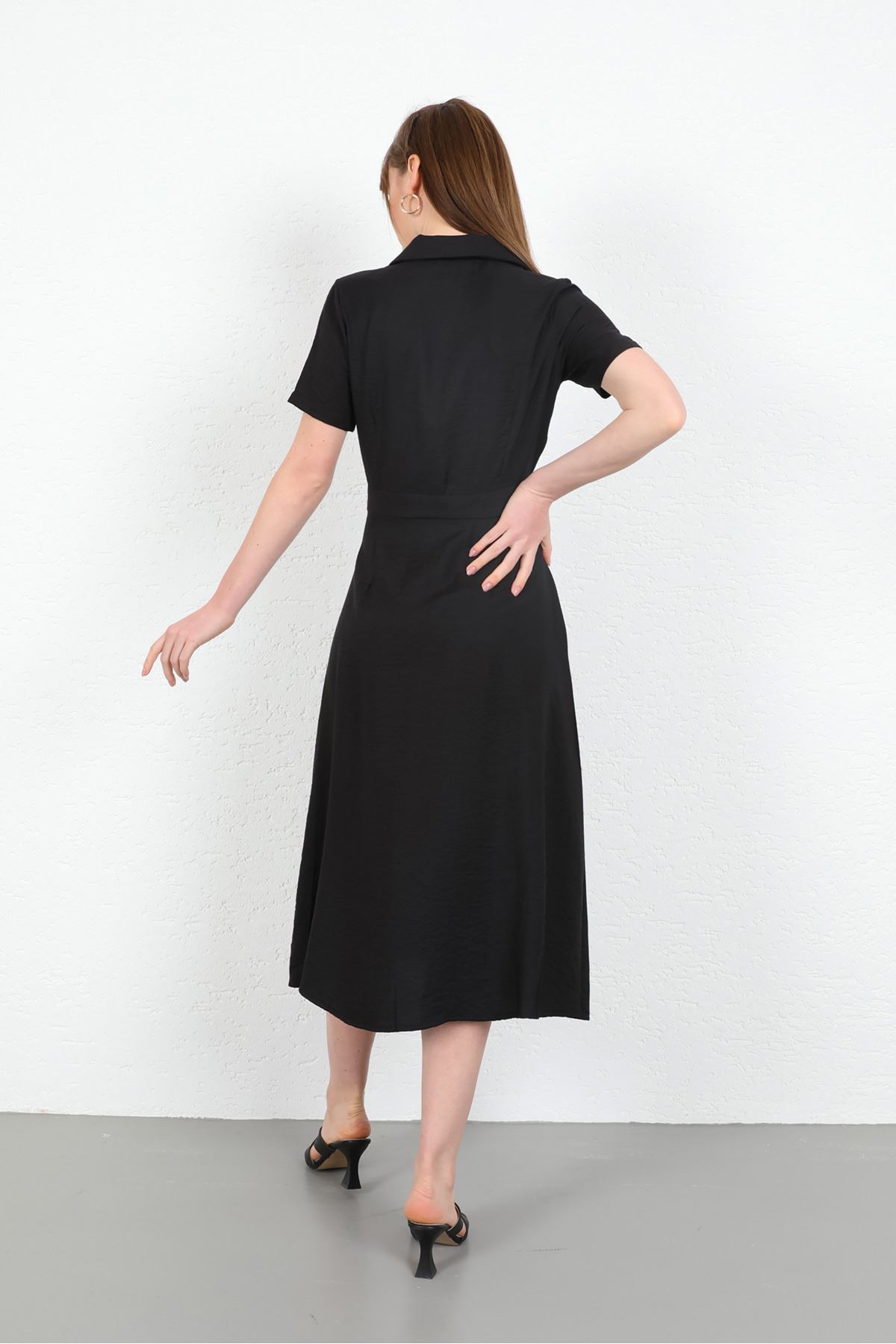 Bodrum Kalitesi Kumaş Ceket Yaka Bağlama Detaylı Uzun Kadın Elbise-Siyah