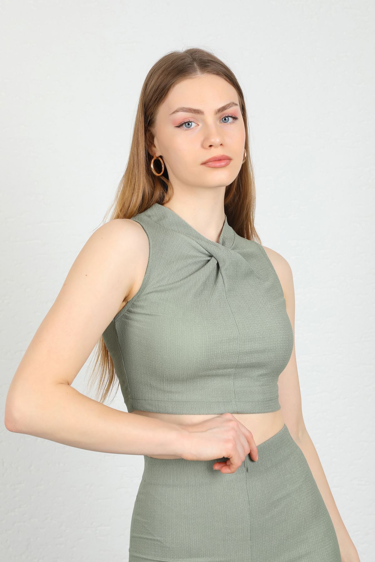 Ocean Mesh Fabric Collar Detail Women Crop-Khaki