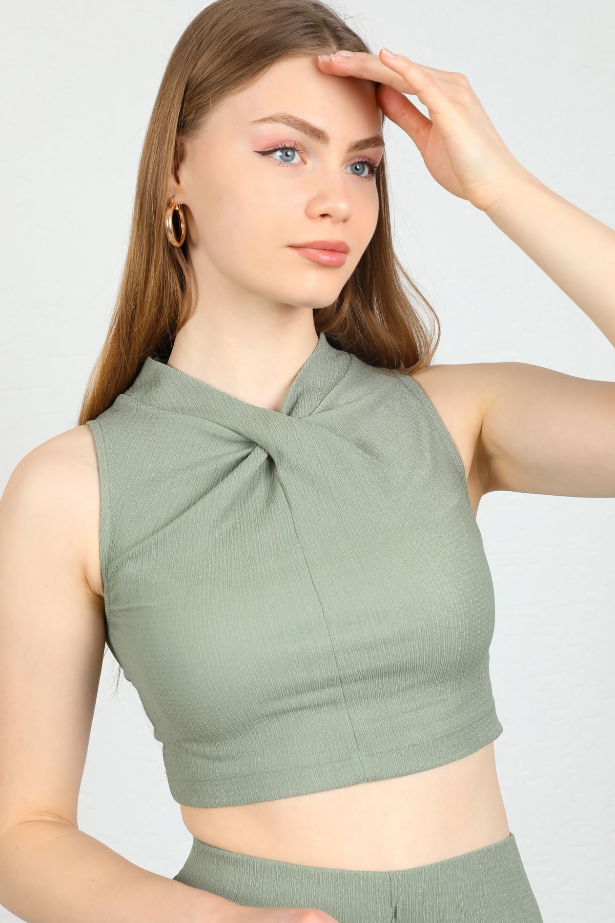 Ocean Mesh Fabric Collar Detail Women Crop-Khaki