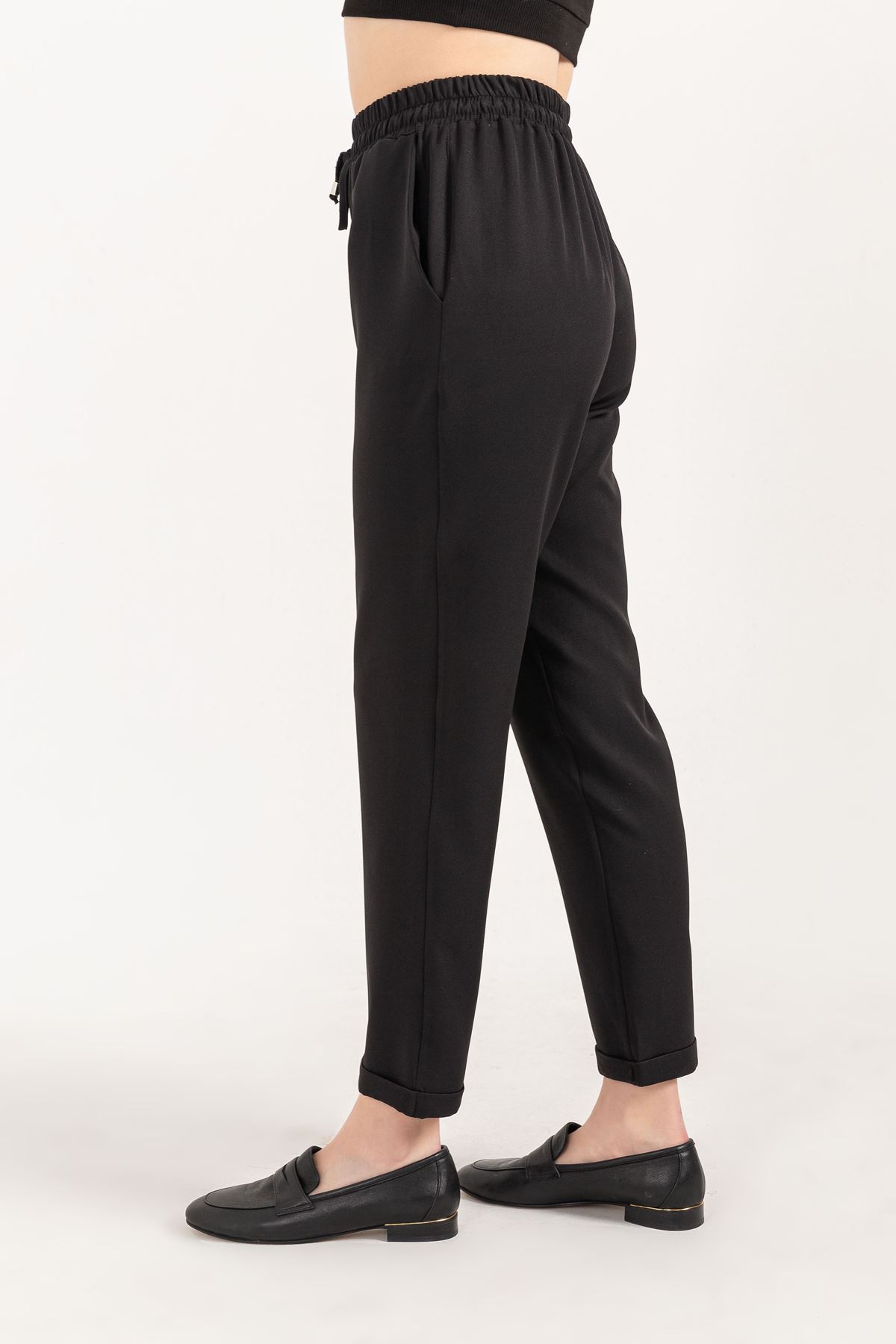 Atlas Kumaş Bel Lastik Çift Cepli Kadın Pantolon-Siyah